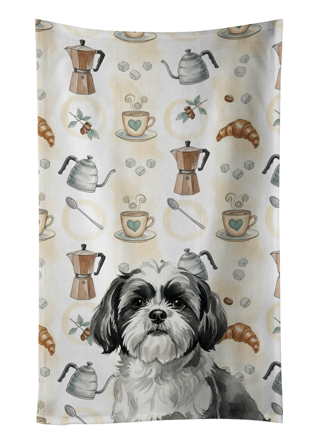 Black and White Shih Tzu Coffee Bar Kitchen Towel Velour Plush Front and Cotton Loop Back Machine Washable