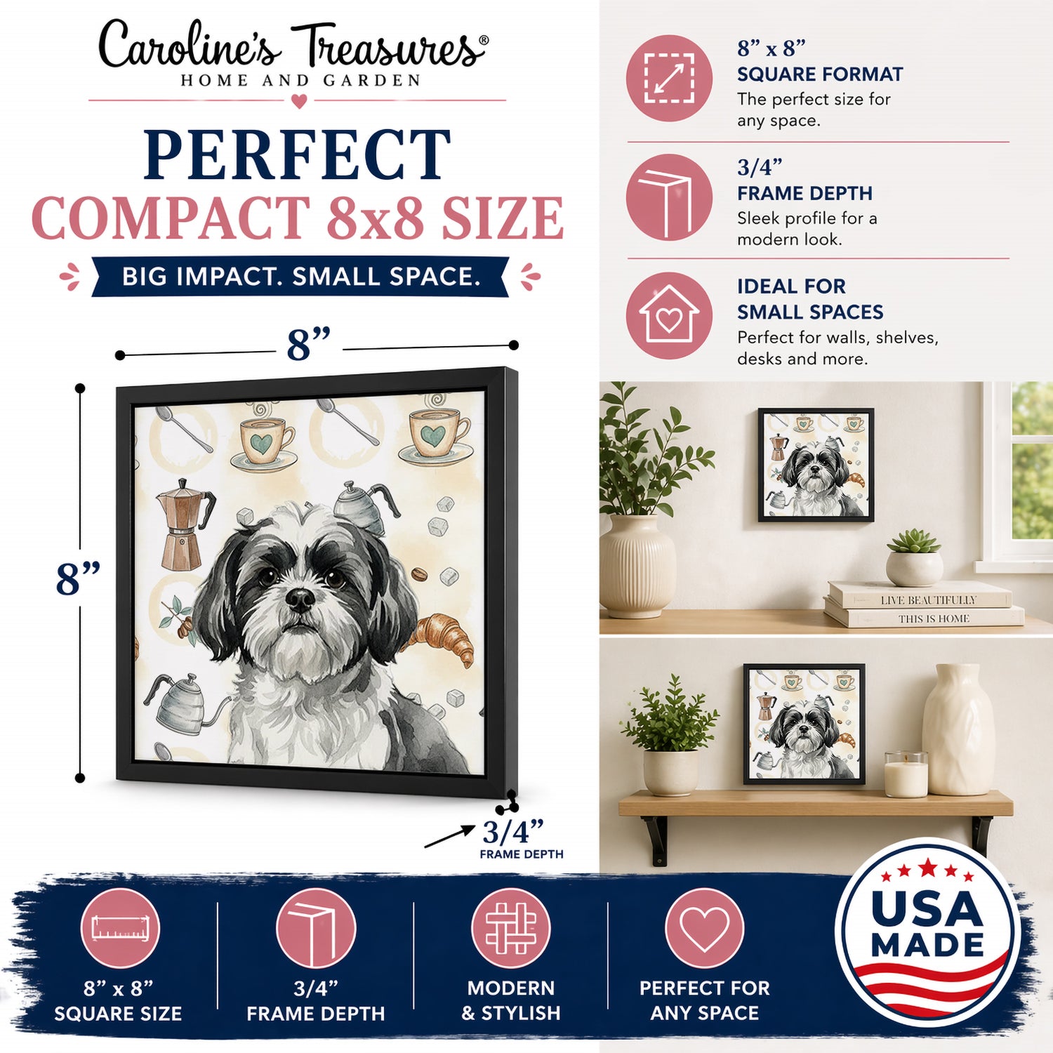 Black and White Shih Tzu Coffee Bar Framed Metal Print Bathroom, Kitchen, Office, Home Decor Wall Art Ready to Hang, Square, 8X8