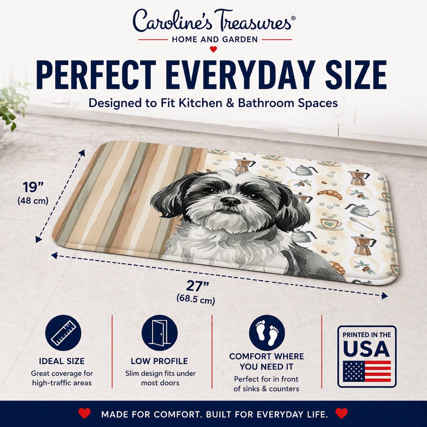 Black and White Shih Tzu Coffee Bar Memory Foam Kitchen Mat Machine Washable Anti-Fatigue Cushion Comfort Bath or Kitchen Rug