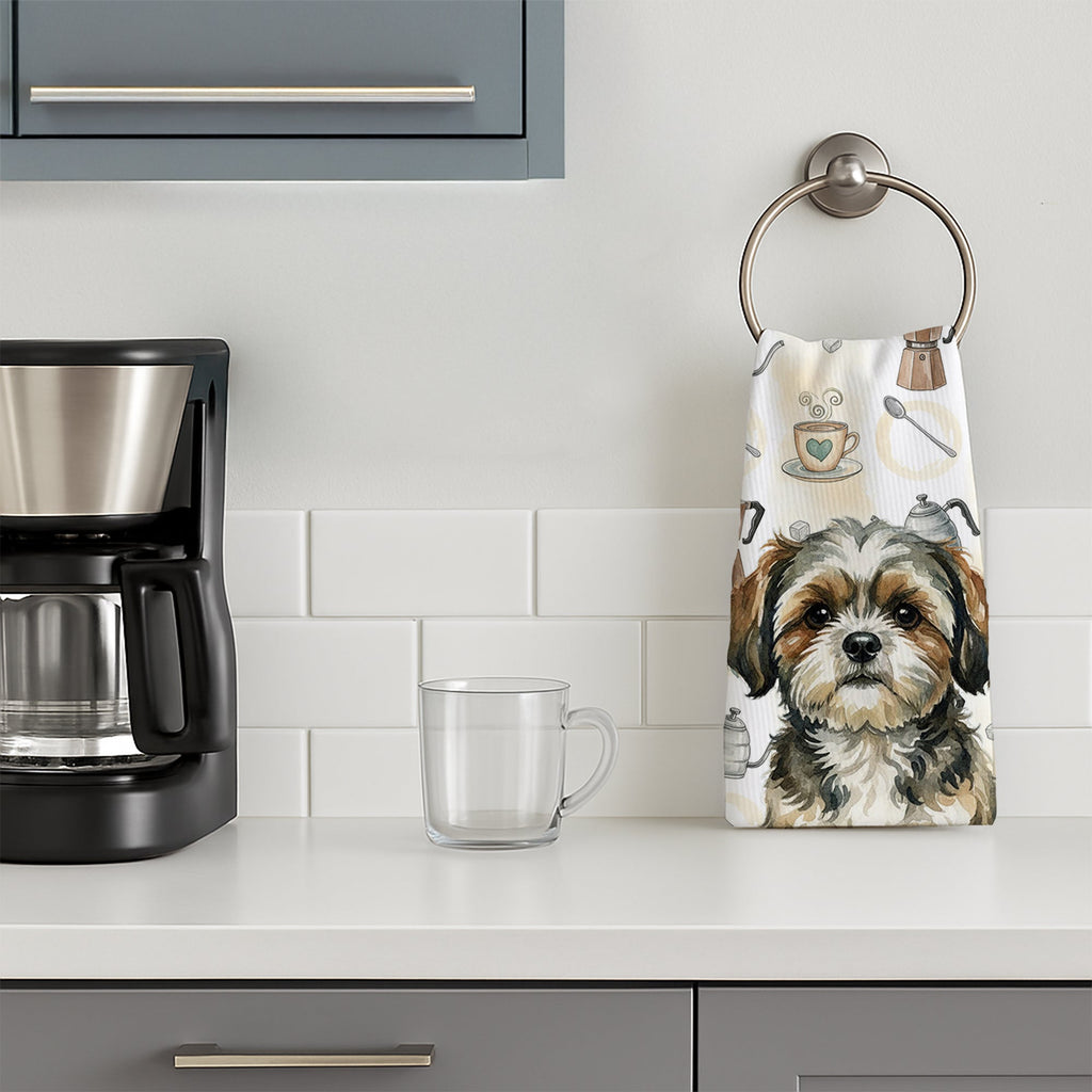 Brindle Shih Tzu Coffee Bar Kitchen Towel Velour Plush Front and Cotton Loop Back Machine Washable