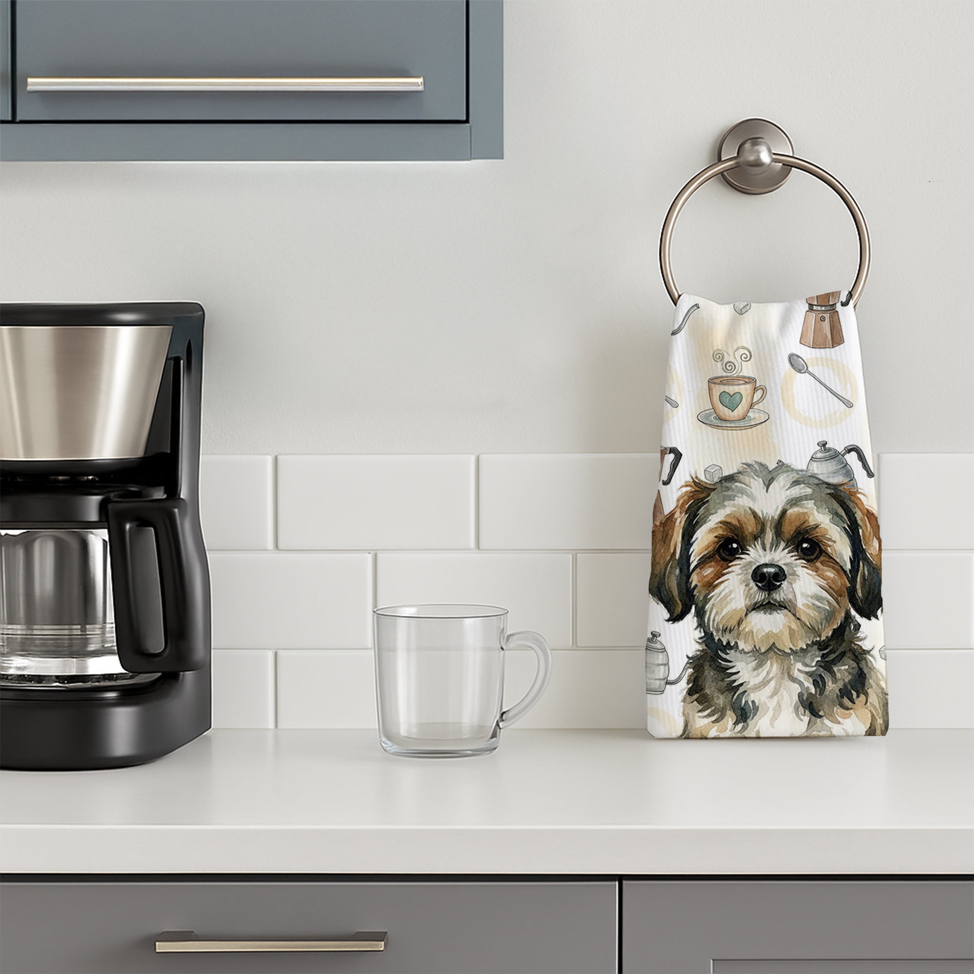 Brindle Shih Tzu Coffee Bar Kitchen Towel Velour Plush Front and Cotton Loop Back Machine Washable