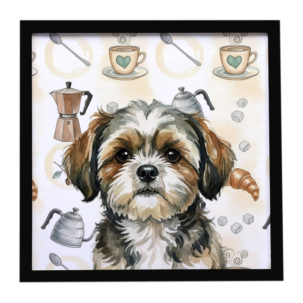 Brindle Shih Tzu Coffee Bar Framed Metal Print Bathroom, Kitchen, Office, Home Decor Wall Art Ready to Hang, Square, 8X8