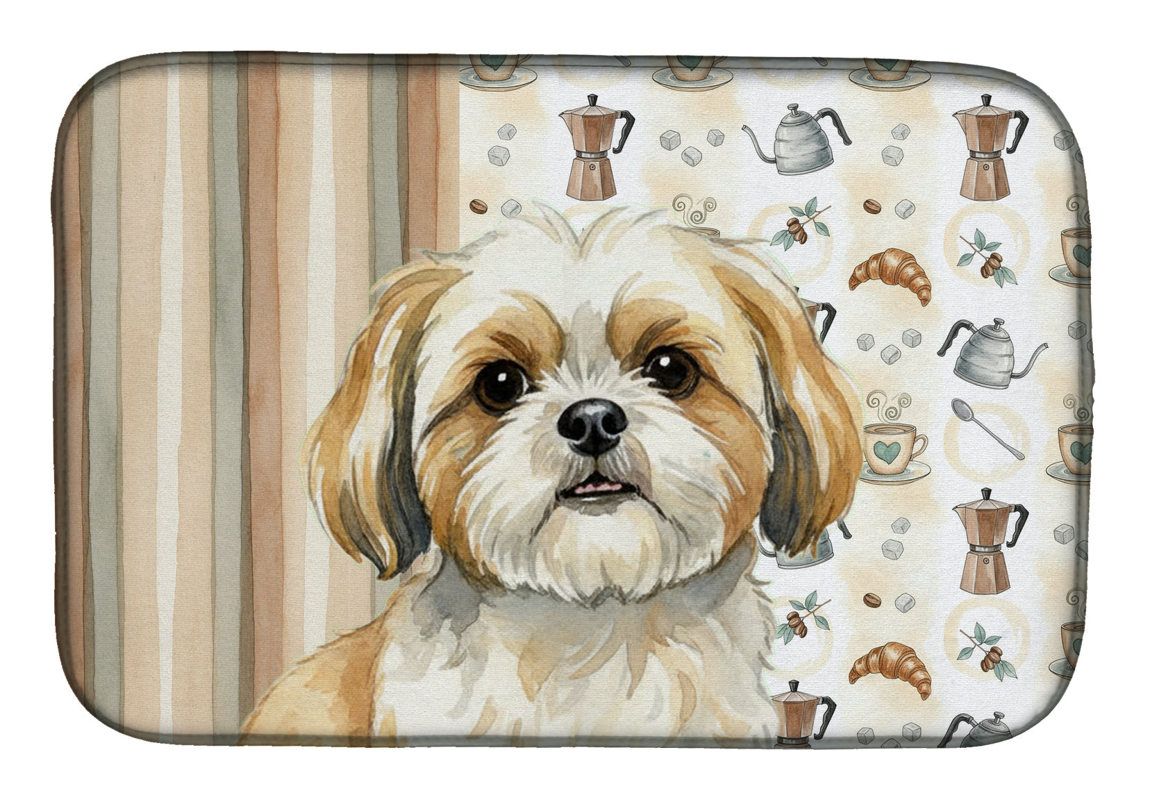 Gold and White Shih Tzu Coffee Bar Dish Drying Mat Absorbent Dish Drying Mat Pad for Kitchen Counter Dish Drainer Mat for Countertop, 14 x 21", Multicolor