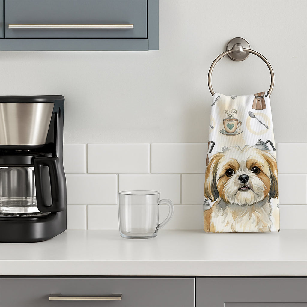 Gold and White Shih Tzu Coffee Bar Kitchen Towel Velour Plush Front and Cotton Loop Back Machine Washable