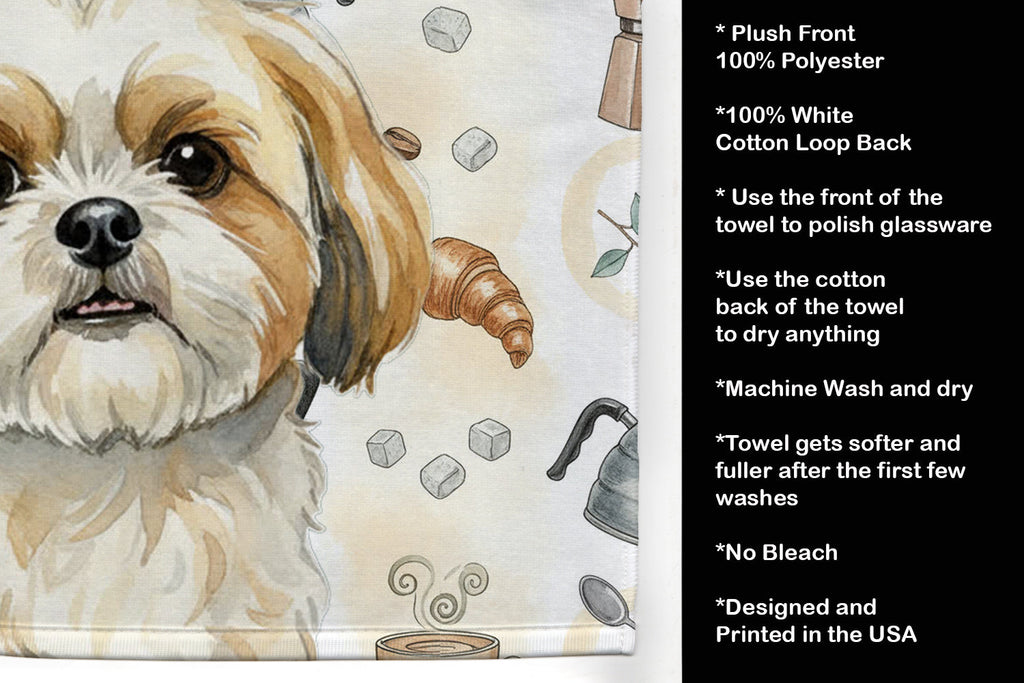 Gold and White Shih Tzu Coffee Bar Kitchen Towel Velour Plush Front and Cotton Loop Back Machine Washable