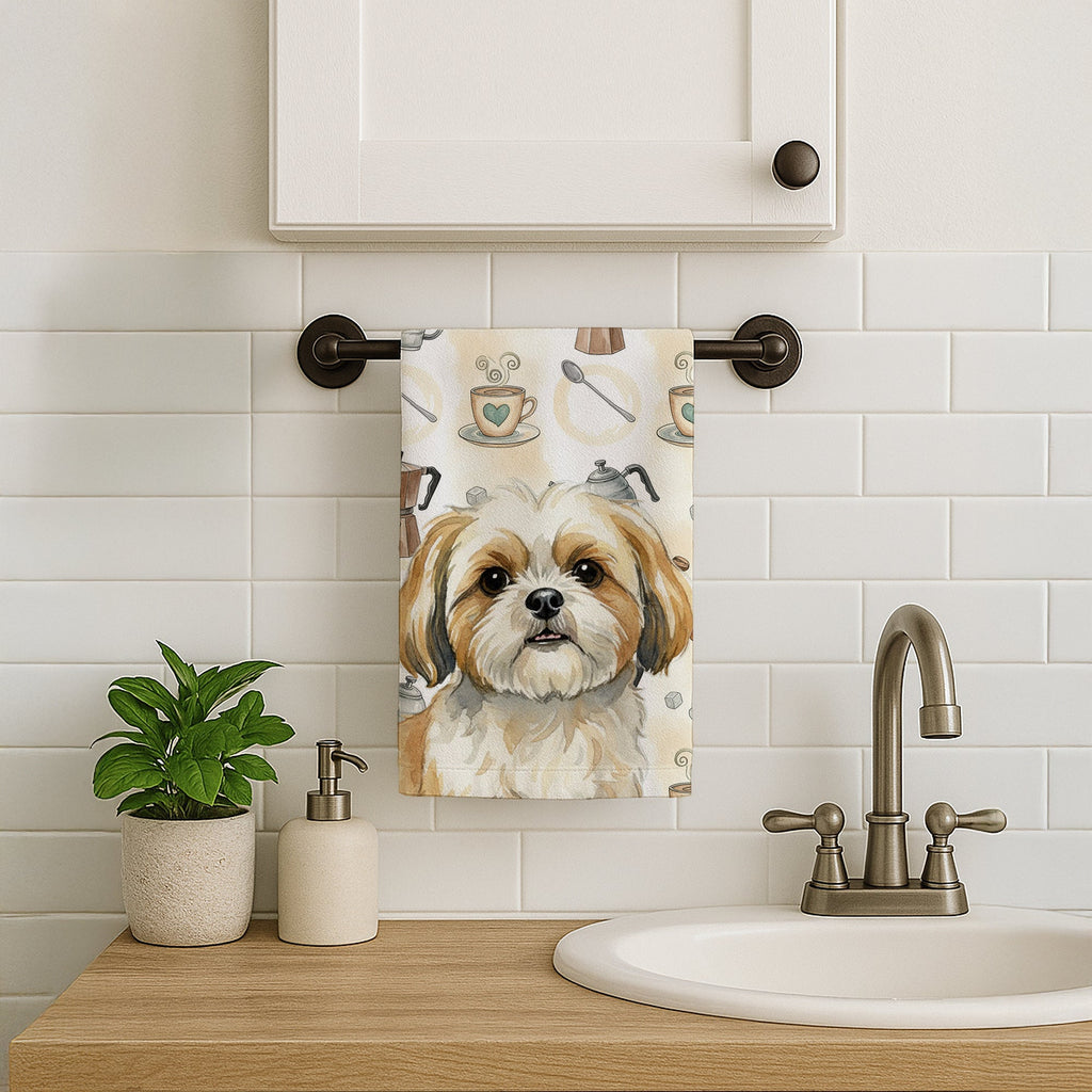 Gold and White Shih Tzu Coffee Bar Kitchen Towel Velour Plush Front and Cotton Loop Back Machine Washable