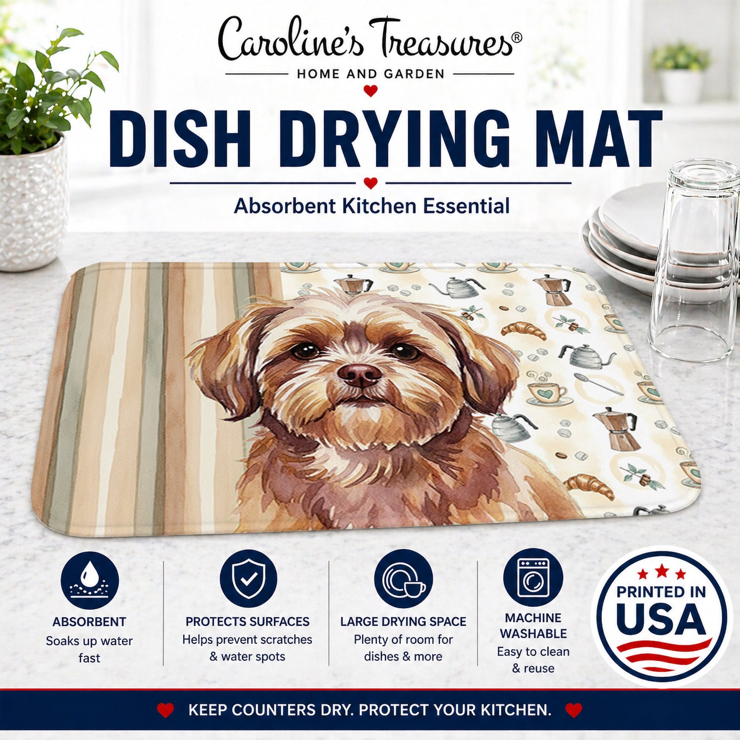Liver Shih Tzu Coffee Bar Dish Drying Mat Absorbent Dish Drying Mat Pad for Kitchen Counter Dish Drainer Mat for Countertop, 14 x 21", Multicolor