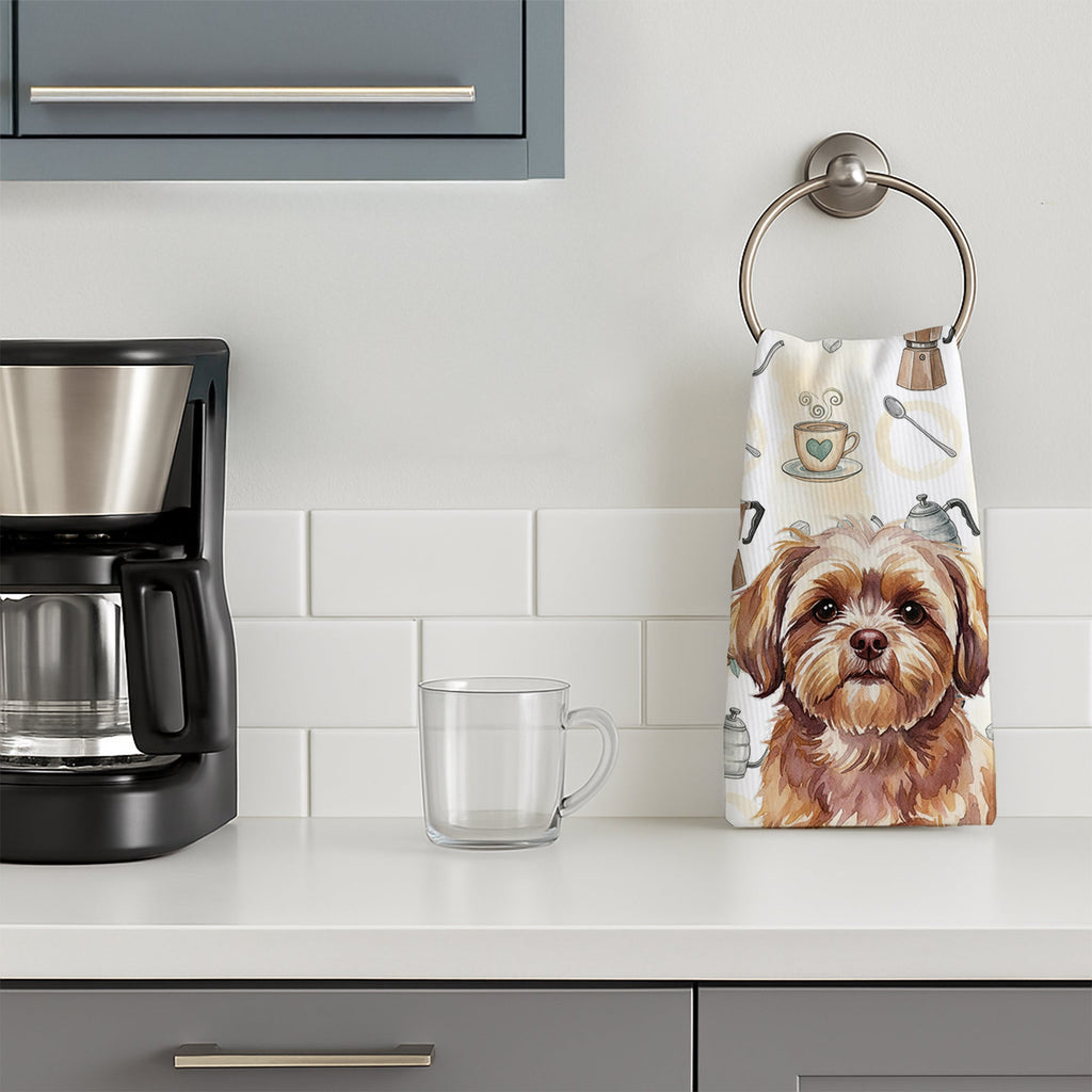 Liver Shih Tzu Coffee Bar Kitchen Towel Velour Plush Front and Cotton Loop Back Machine Washable