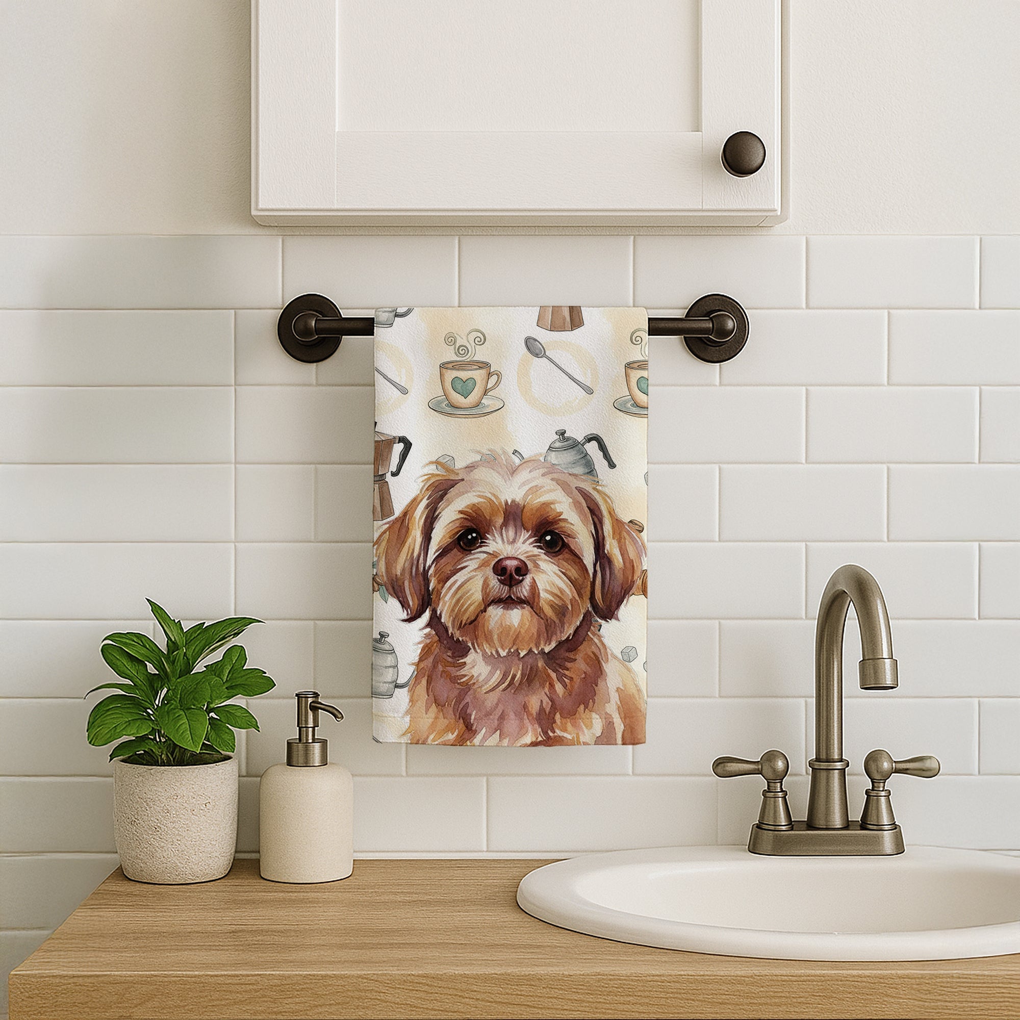 Liver Shih Tzu Coffee Bar Kitchen Towel Velour Plush Front and Cotton Loop Back Machine Washable