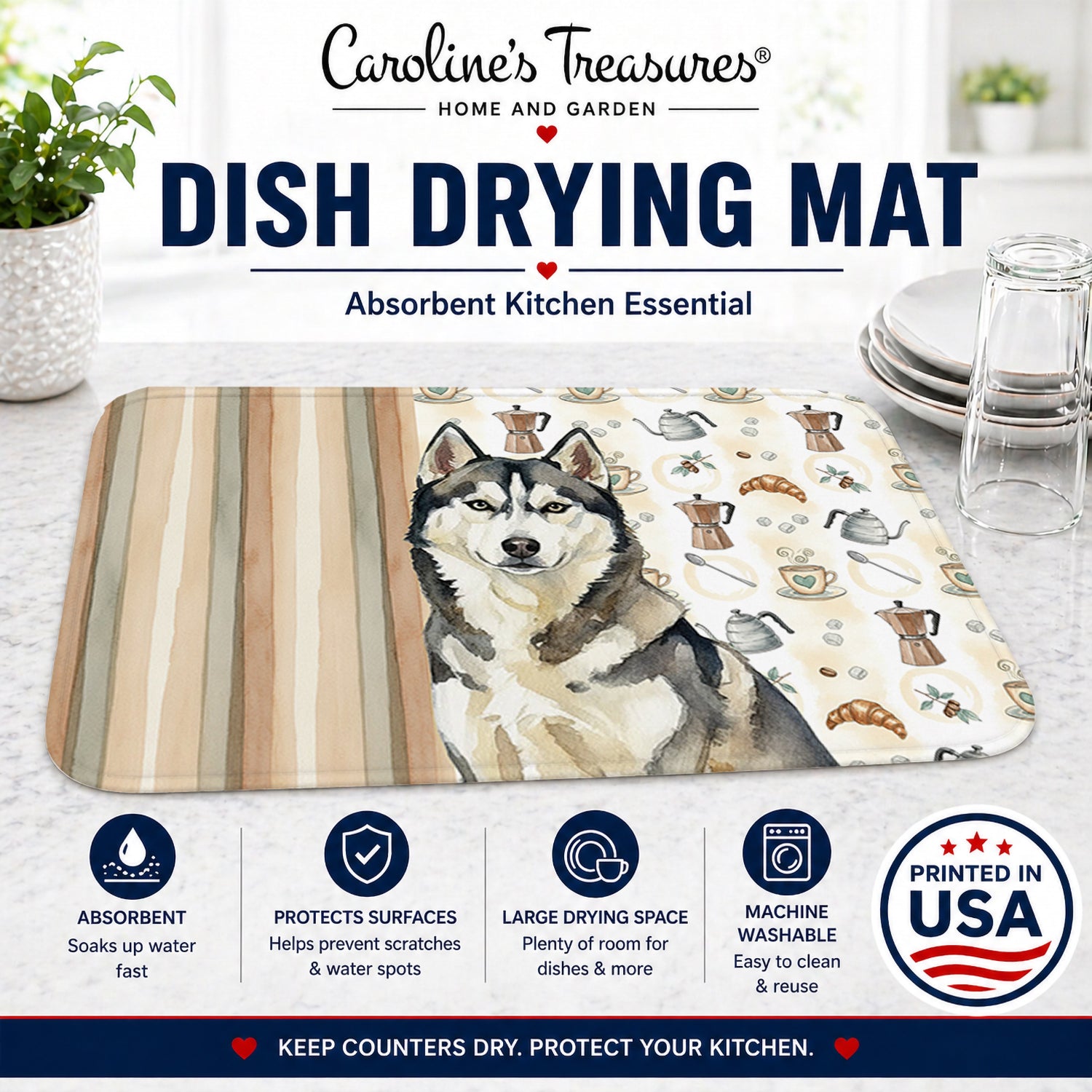 Agouti Siberian Husky Coffee Bar Dish Drying Mat Absorbent Dish Drying Mat Pad for Kitchen Counter Dish Drainer Mat for Countertop, 14 x 21", Multicolor