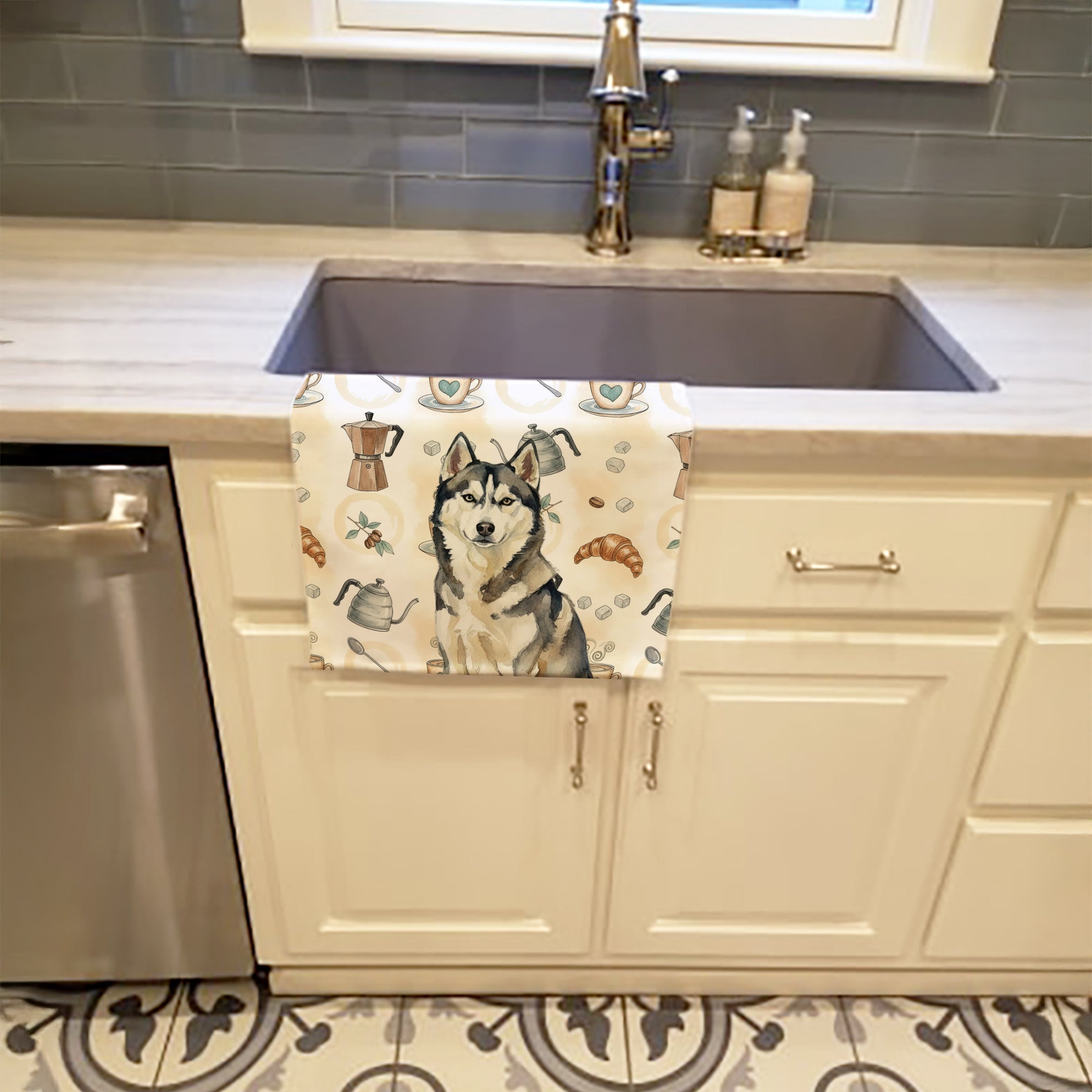 Agouti Siberian Husky Coffee Bar Kitchen Towel Velour Plush Front and Cotton Loop Back Machine Washable
