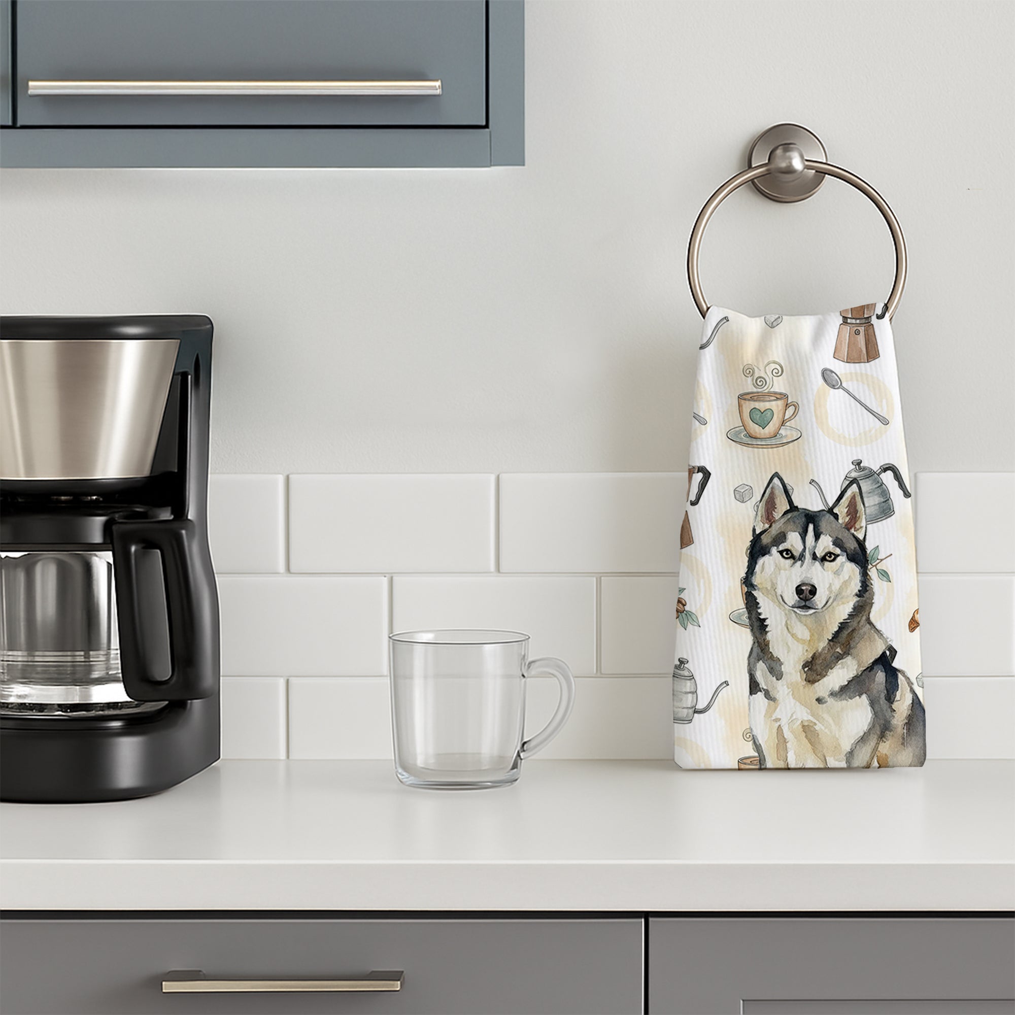 Agouti Siberian Husky Coffee Bar Kitchen Towel Velour Plush Front and Cotton Loop Back Machine Washable