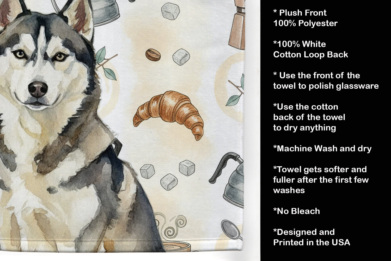 Agouti Siberian Husky Coffee Bar Kitchen Towel Velour Plush Front and Cotton Loop Back Machine Washable