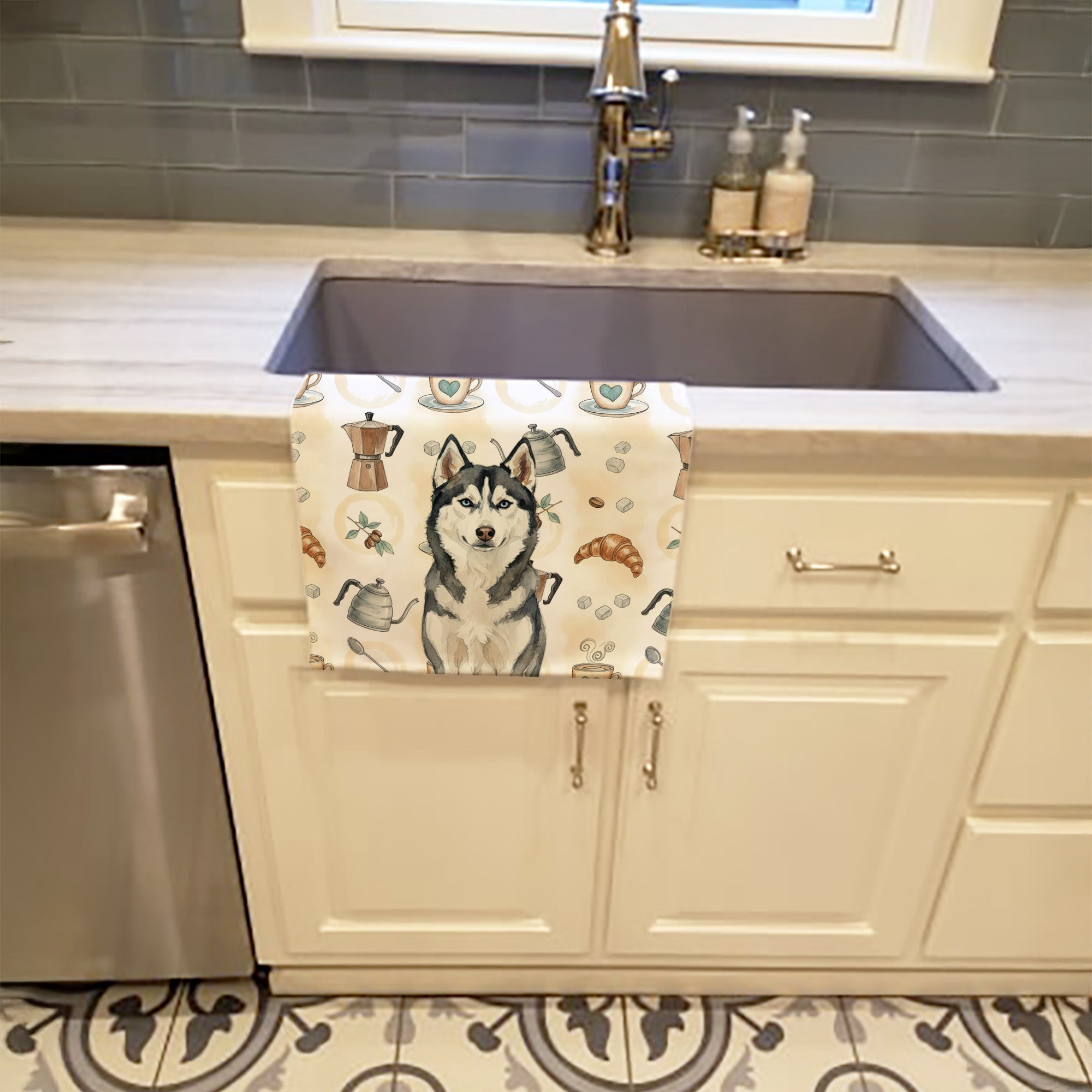 Siberian Husky Coffee Bar Kitchen Towel Velour Plush Front and Cotton Loop Back Machine Washable