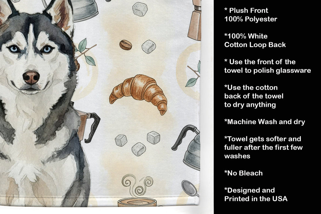 Siberian Husky Coffee Bar Kitchen Towel Velour Plush Front and Cotton Loop Back Machine Washable