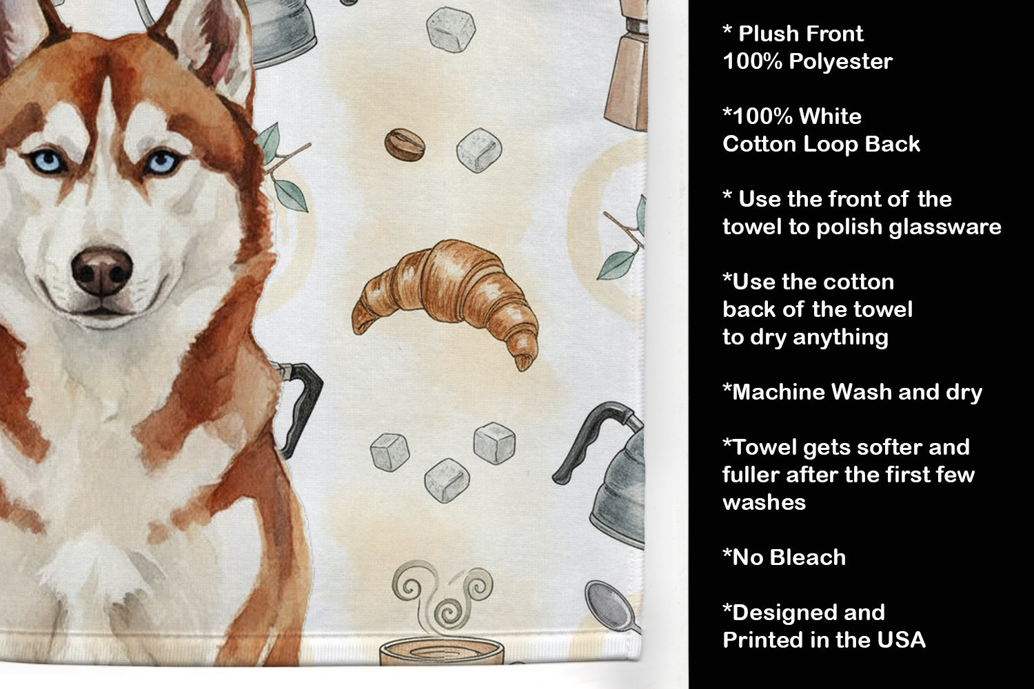 Red and White Siberian Husky Coffee Bar Kitchen Towel Velour Plush Front and Cotton Loop Back Machine Washable