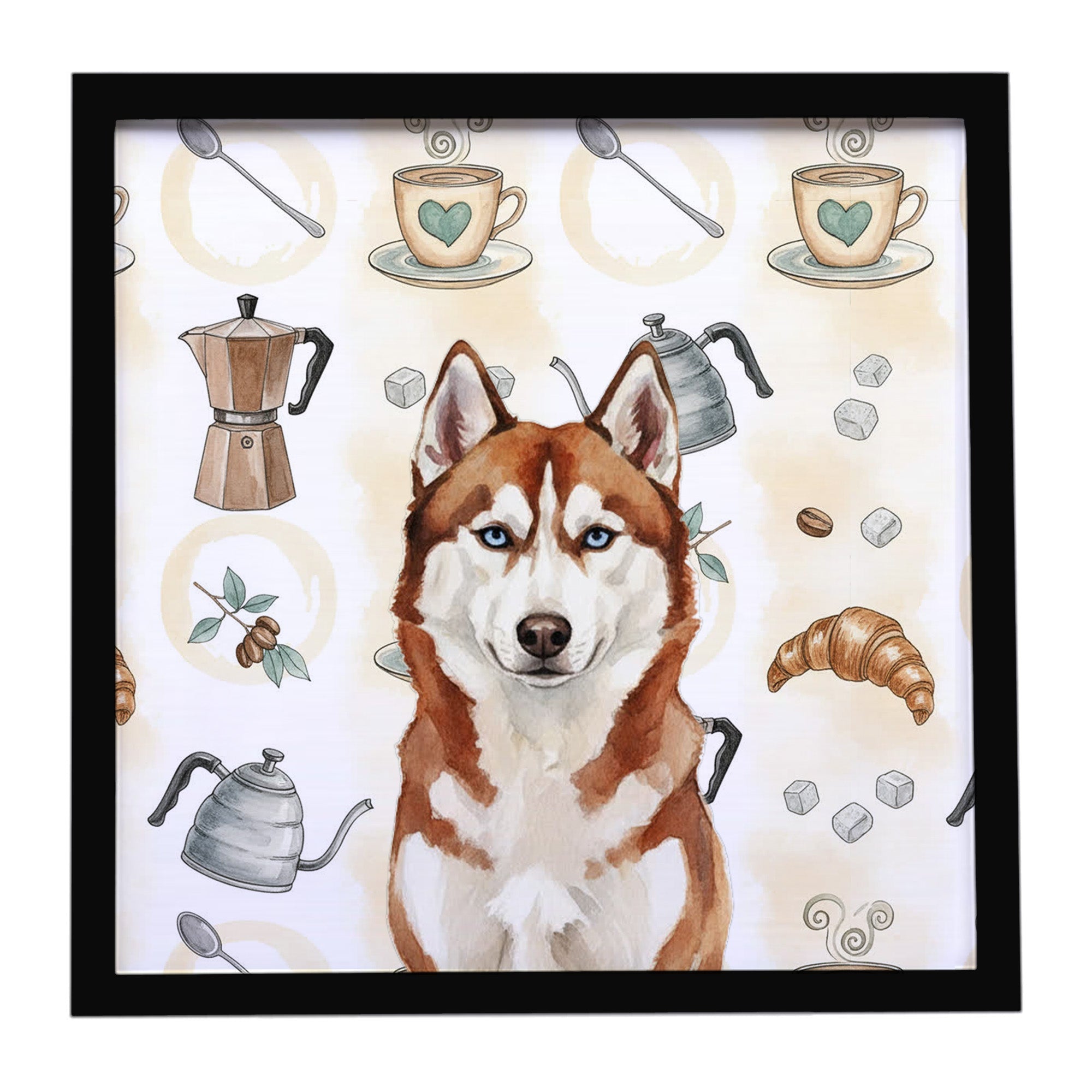 Red and White Siberian Husky Coffee Bar Framed Metal Print Bathroom, Kitchen, Office, Home Decor Wall Art Ready to Hang, Square, 8X8