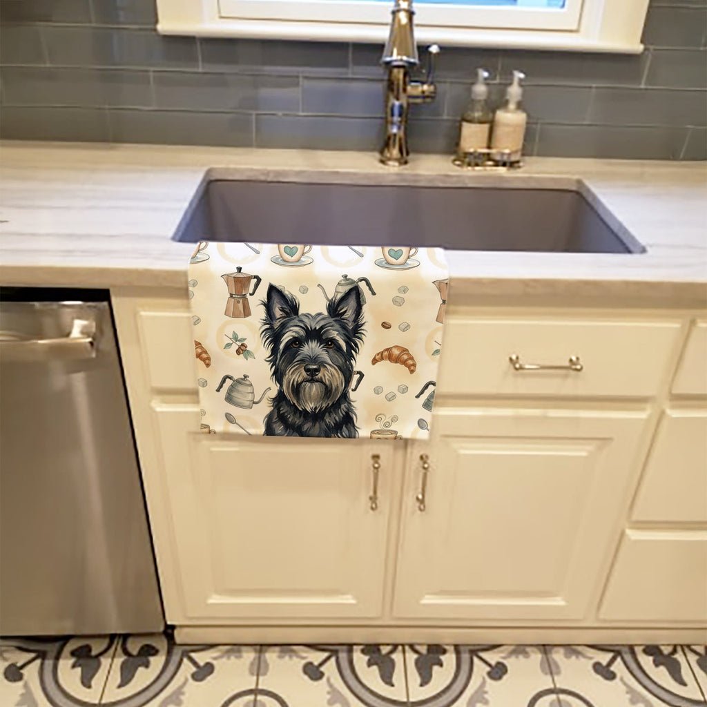 Black Skye Terrier Coffee Bar Kitchen Towel Velour Plush Front and Cotton Loop Back Machine Washable