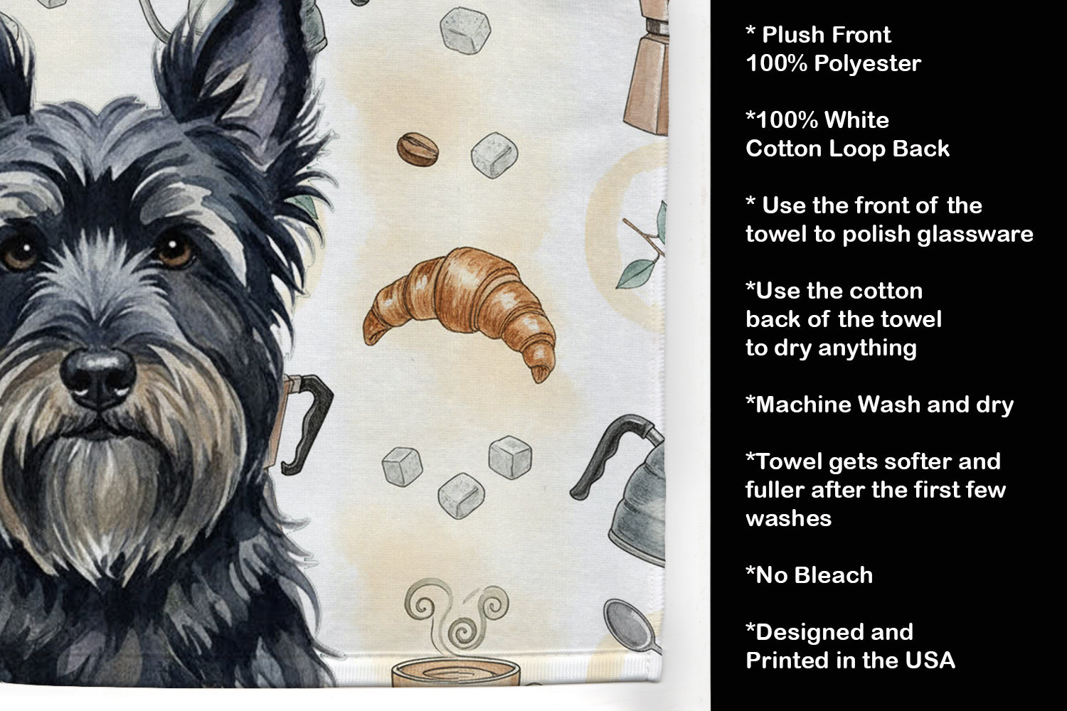 Black Skye Terrier Coffee Bar Kitchen Towel Velour Plush Front and Cotton Loop Back Machine Washable