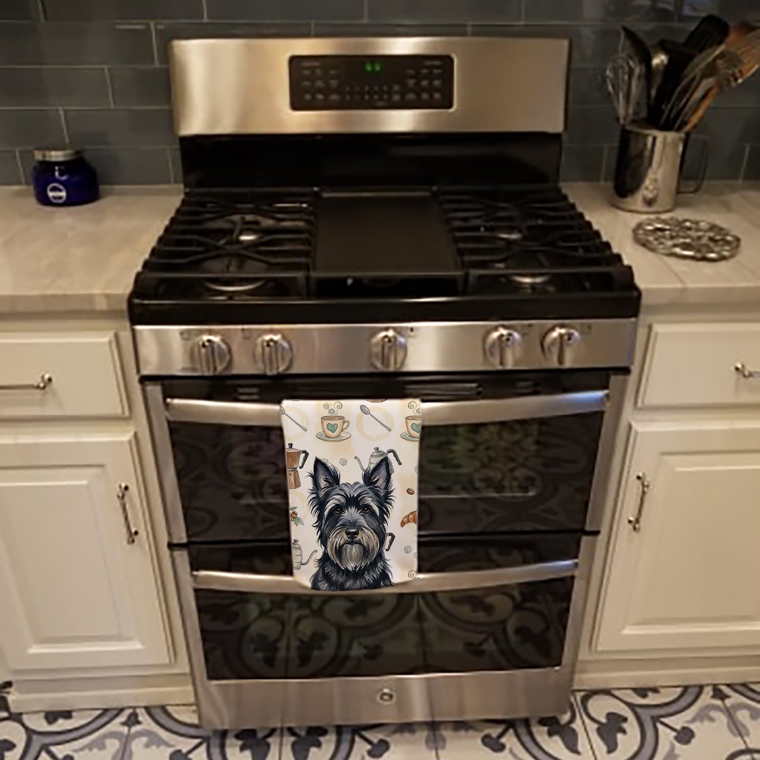 Black Skye Terrier Coffee Bar Kitchen Towel Velour Plush Front and Cotton Loop Back Machine Washable