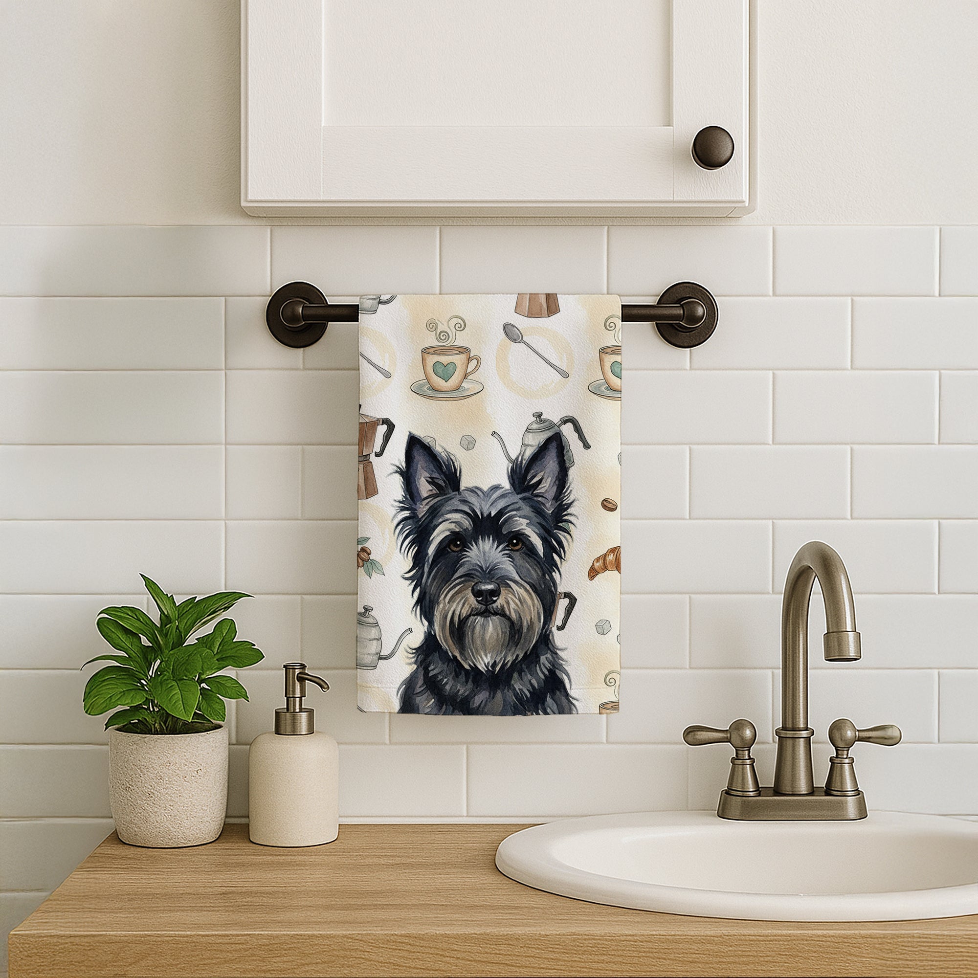 Black Skye Terrier Coffee Bar Kitchen Towel Velour Plush Front and Cotton Loop Back Machine Washable