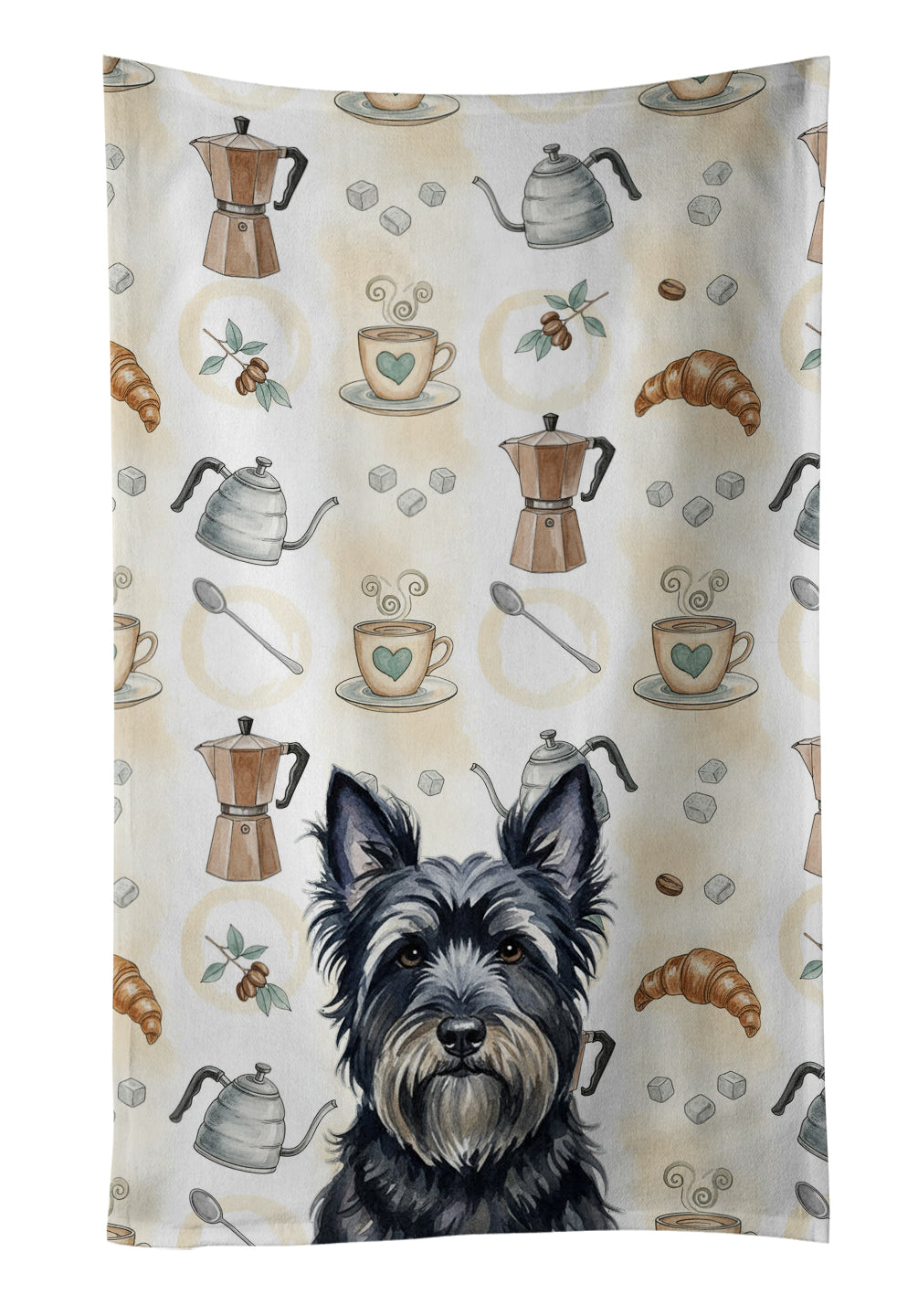 Black Skye Terrier Coffee Bar Kitchen Towel Velour Plush Front and Cotton Loop Back Machine Washable