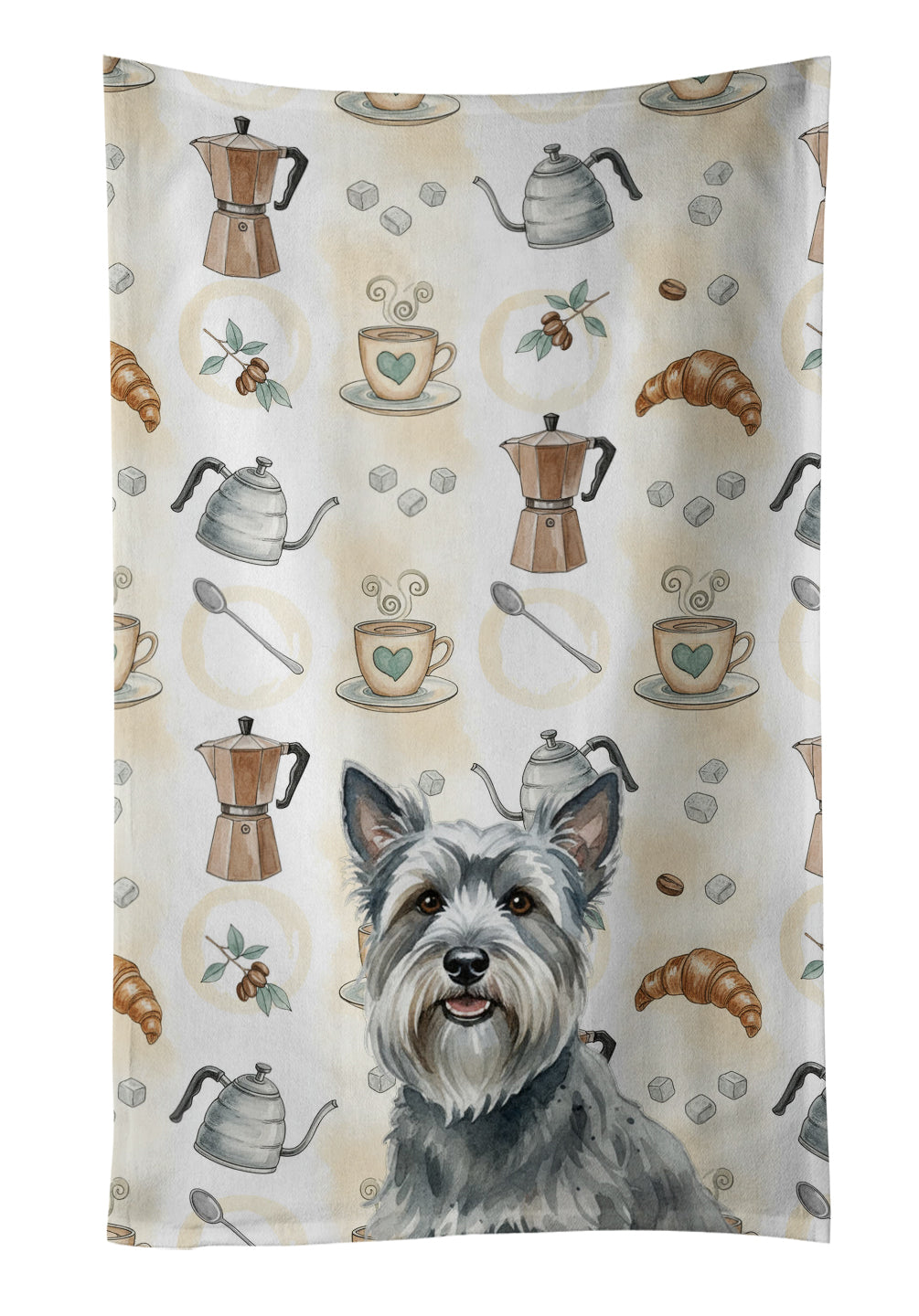 Gray Skye Terrier Coffee Bar Kitchen Towel Velour Plush Front and Cotton Loop Back Machine Washable