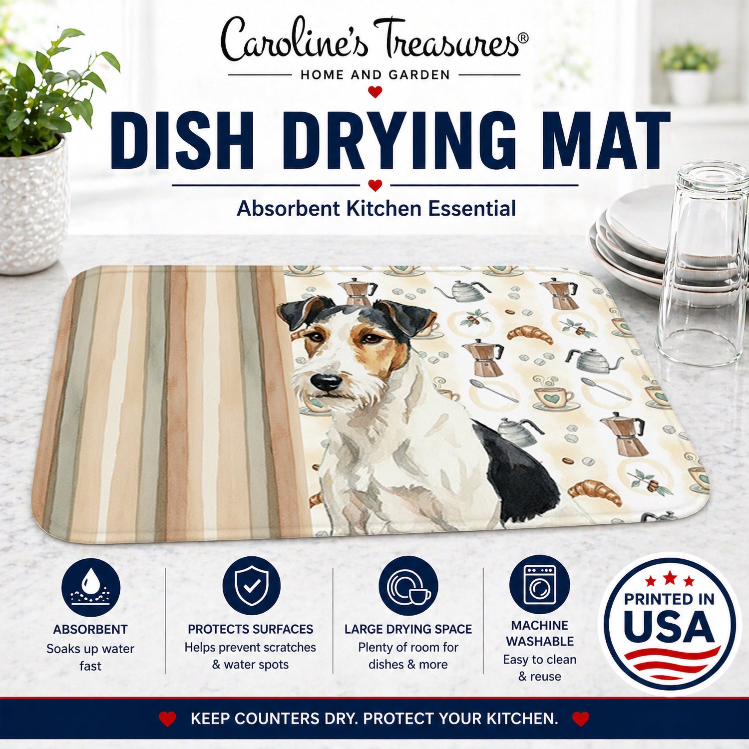 Smooth Fox Terrier Coffee Bar Dish Drying Mat Absorbent Dish Drying Mat Pad for Kitchen Counter Dish Drainer Mat for Countertop, 14 x 21", Multicolor
