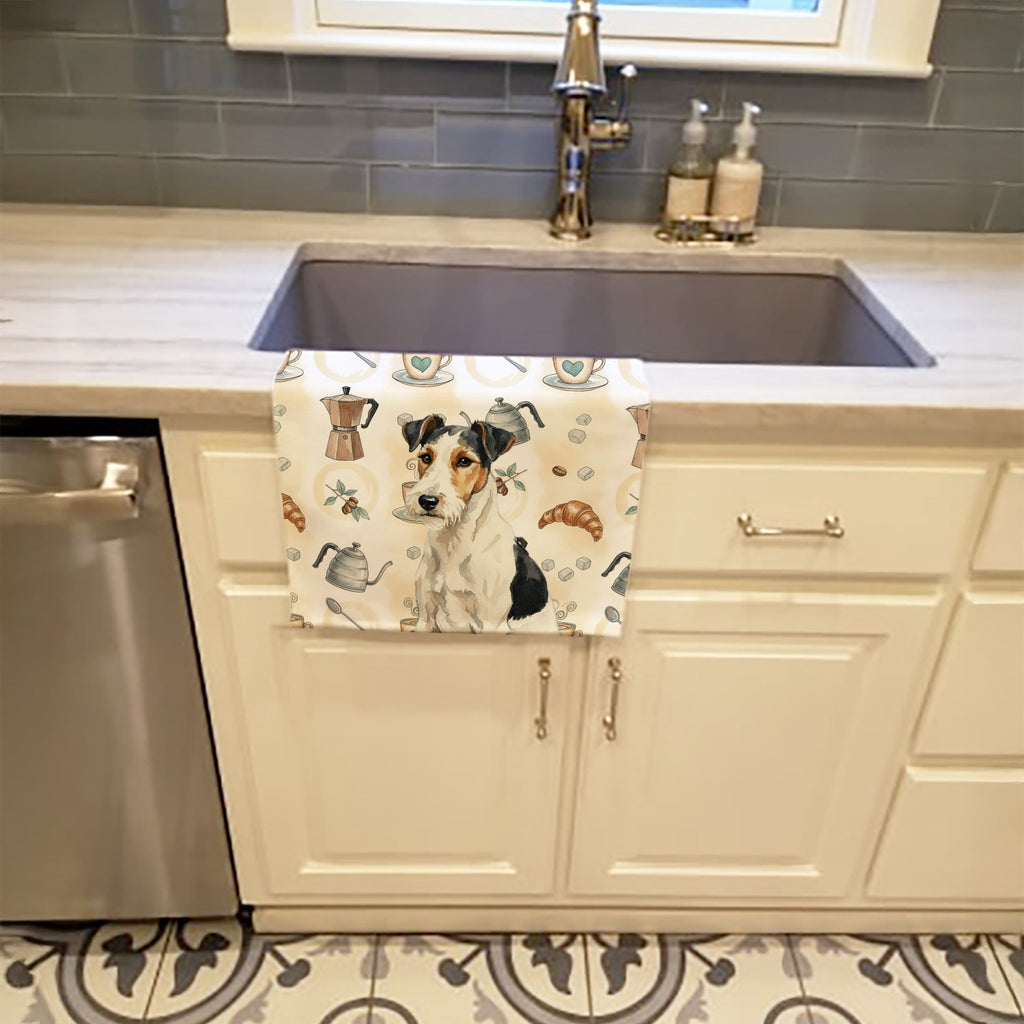 Smooth Fox Terrier Coffee Bar Kitchen Towel Velour Plush Front and Cotton Loop Back Machine Washable