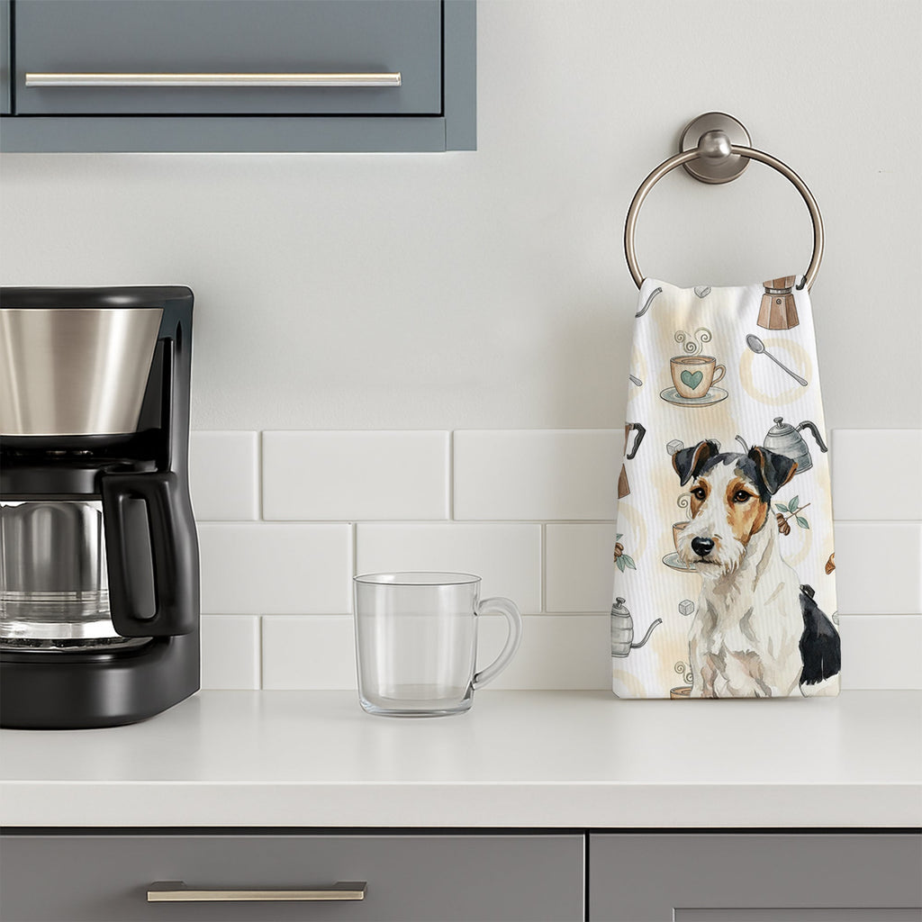 Smooth Fox Terrier Coffee Bar Kitchen Towel Velour Plush Front and Cotton Loop Back Machine Washable