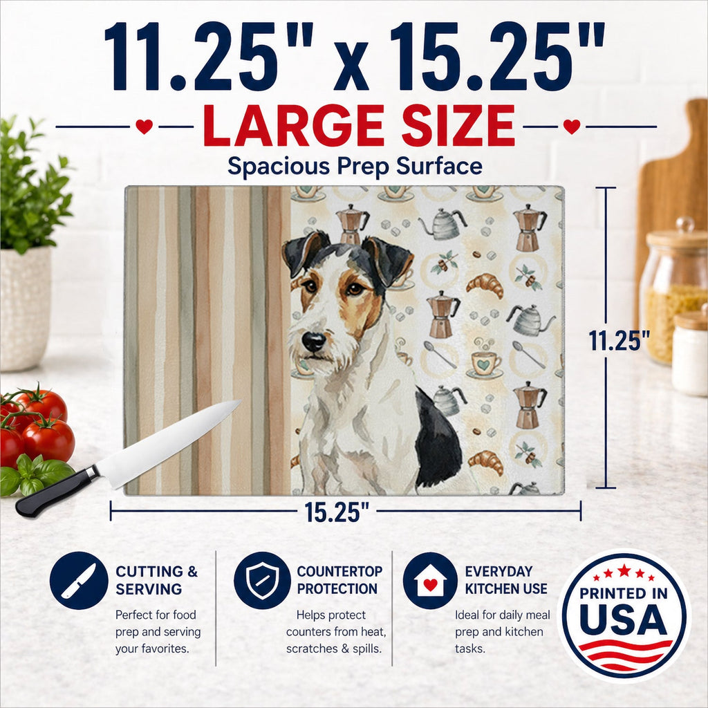 Smooth Fox Terrier Coffee Bar Cutting Board Tempered Glass Kitchen Cutting Surface, Heat Resistant Chopping, Non-Slip Feet, Food Prep & Serving