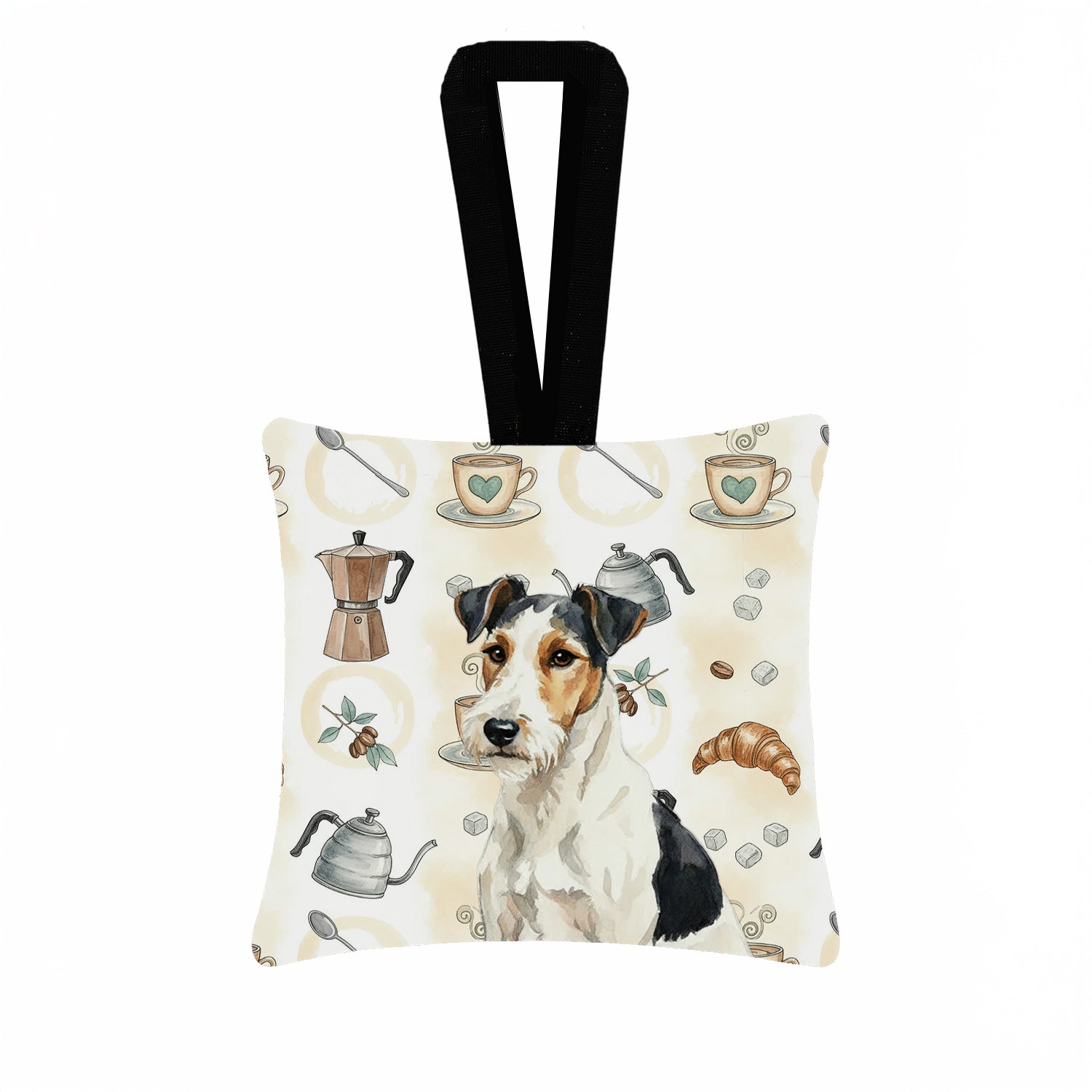 Smooth Fox Terrier Coffee Bar Hanging Square Fabric Ornament 3.5 � 3.5 Decorative Door-Knob & Tree Hanger, Soft Fabric