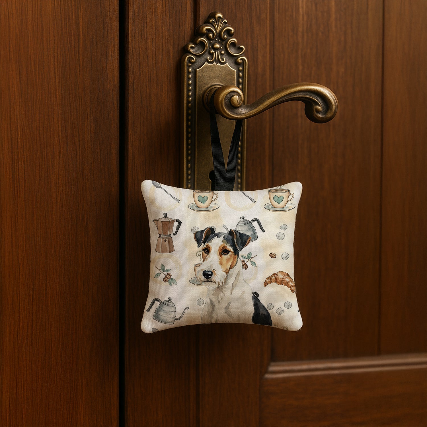 Smooth Fox Terrier Coffee Bar Hanging Square Fabric Ornament 3.5 � 3.5 Decorative Door-Knob & Tree Hanger, Soft Fabric