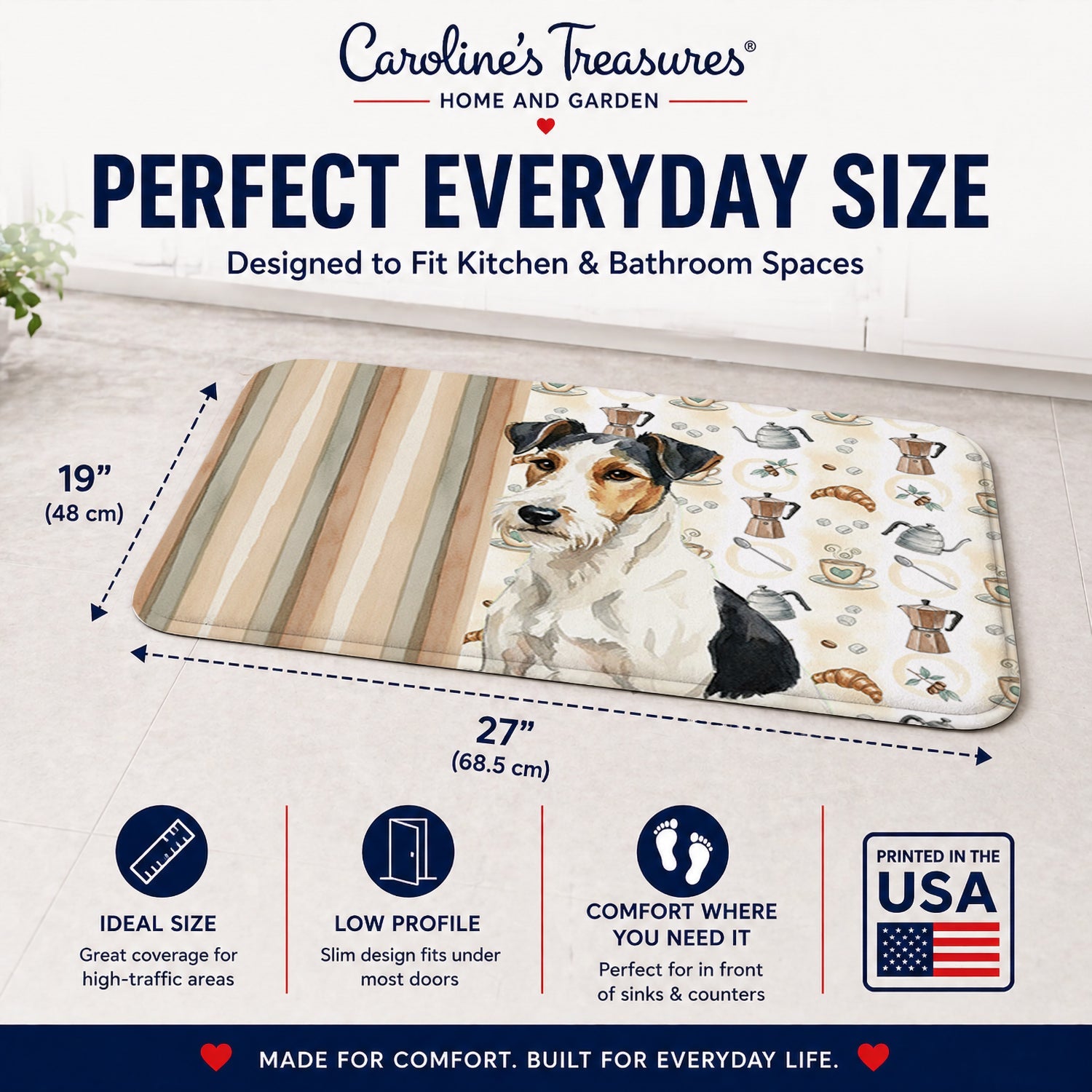 Smooth Fox Terrier Coffee Bar Memory Foam Kitchen Mat Machine Washable Anti-Fatigue Cushion Comfort Bath or Kitchen Rug