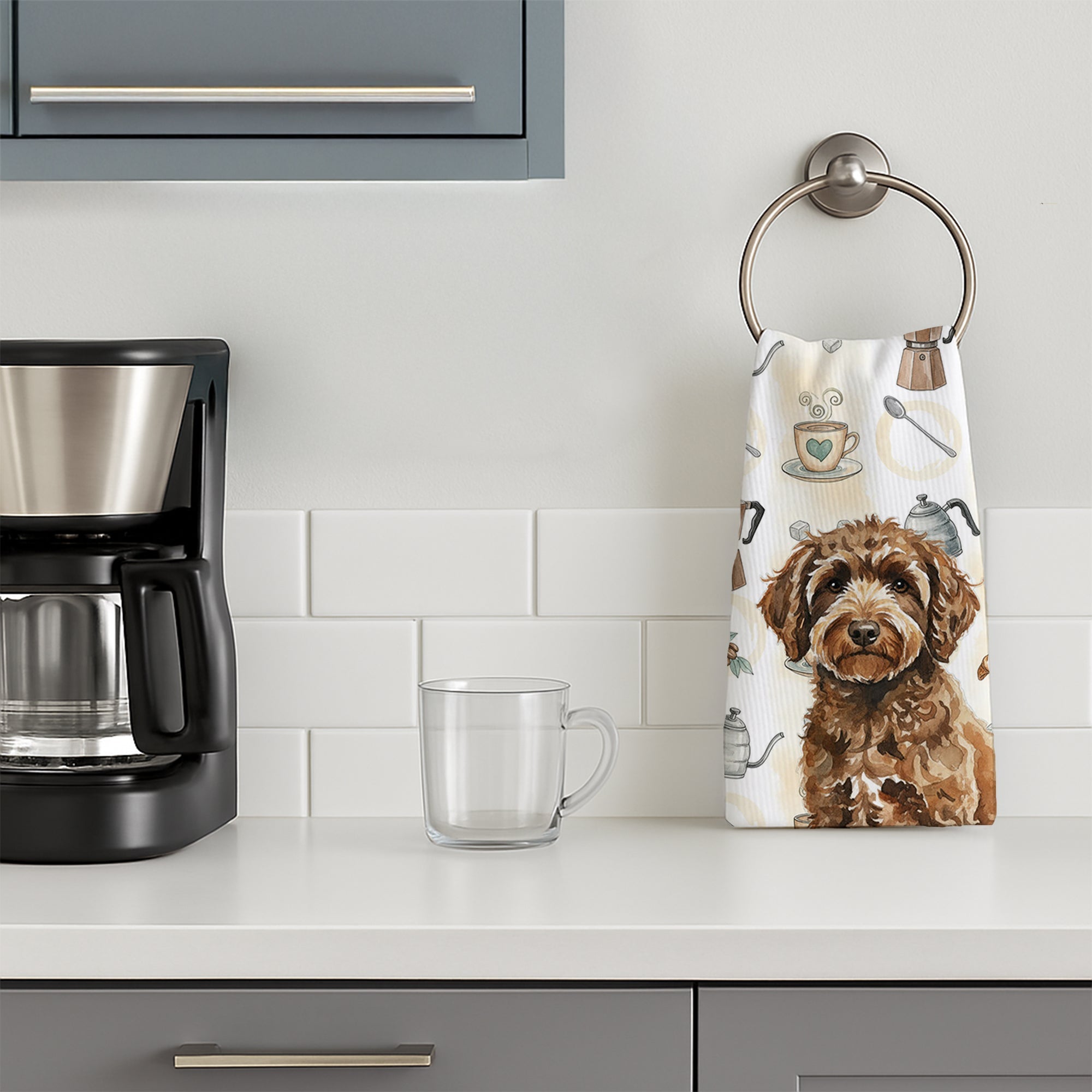 Spanish Water Dog Coffee Bar Kitchen Towel Velour Plush Front and Cotton Loop Back Machine Washable