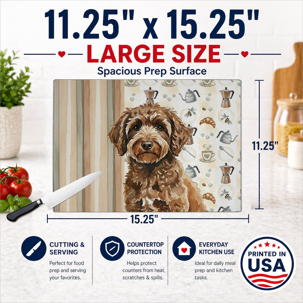 Spanish Water Dog Coffee Bar Cutting Board Tempered Glass Kitchen Cutting Surface, Heat Resistant Chopping, Non-Slip Feet, Food Prep & Serving