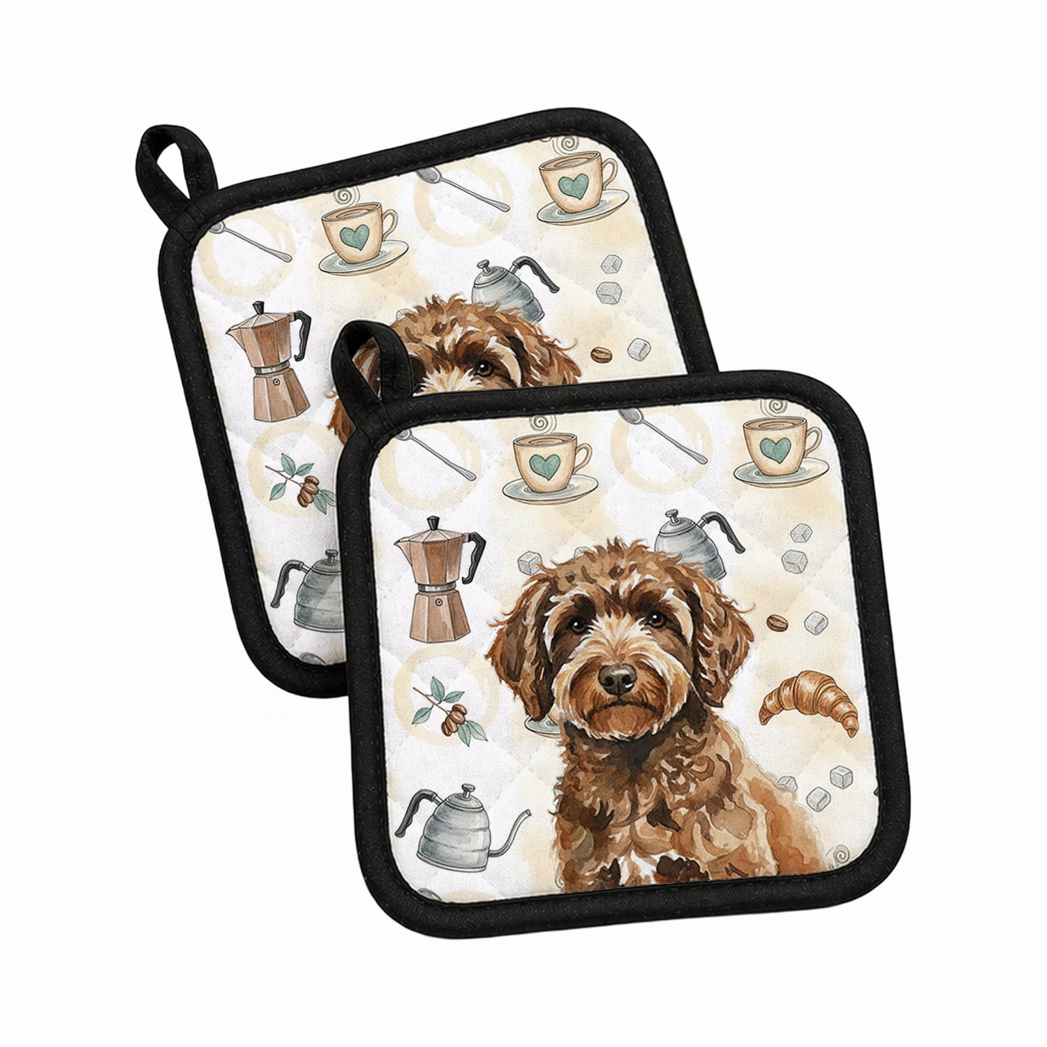Spanish Water Dog Coffee Bar Pot Holder Set of 2 Heat Resistant Quilted Hot Pads 7.5 x 7.5 Inch, Insulated Kitchen Trivets for Cooking & Baking