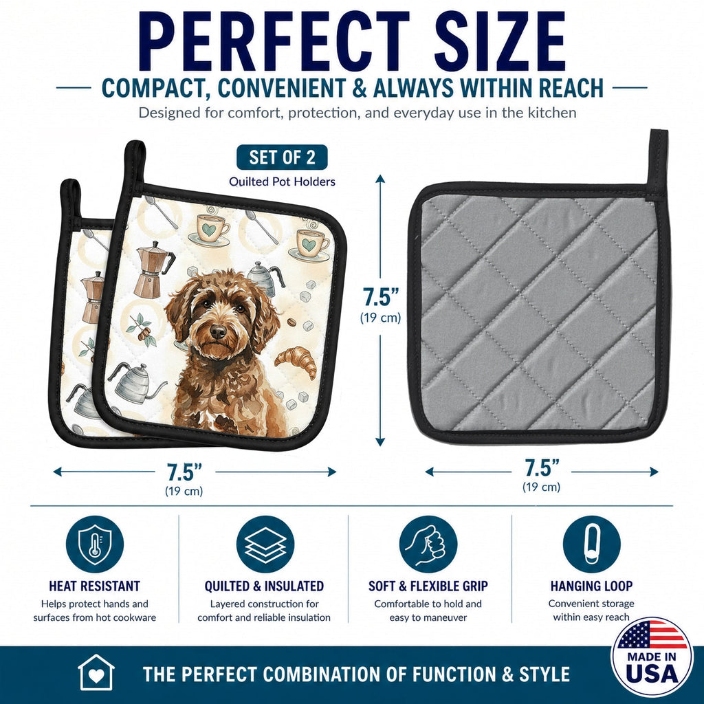 Spanish Water Dog Coffee Bar Pot Holder Set of 2 Heat Resistant Quilted Hot Pads 7.5 x 7.5 Inch, Insulated Kitchen Trivets for Cooking & Baking