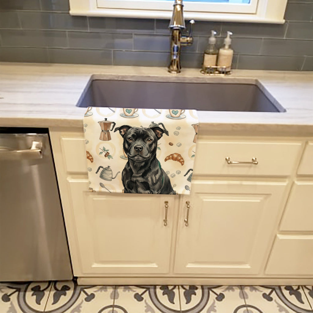 Black Staffordshire Bull Terrier Coffee Bar Kitchen Towel Velour Plush Front and Cotton Loop Back Machine Washable