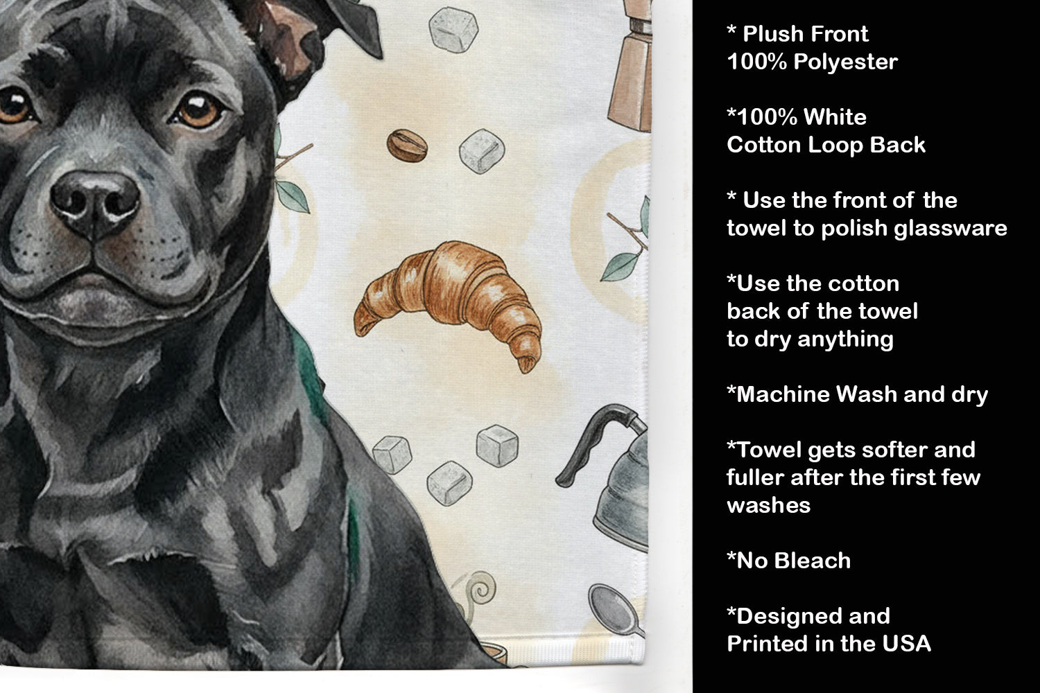 Black Staffordshire Bull Terrier Coffee Bar Kitchen Towel Velour Plush Front and Cotton Loop Back Machine Washable