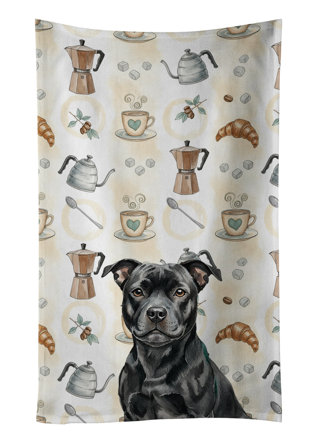 Black Staffordshire Bull Terrier Coffee Bar Kitchen Towel Velour Plush Front and Cotton Loop Back Machine Washable