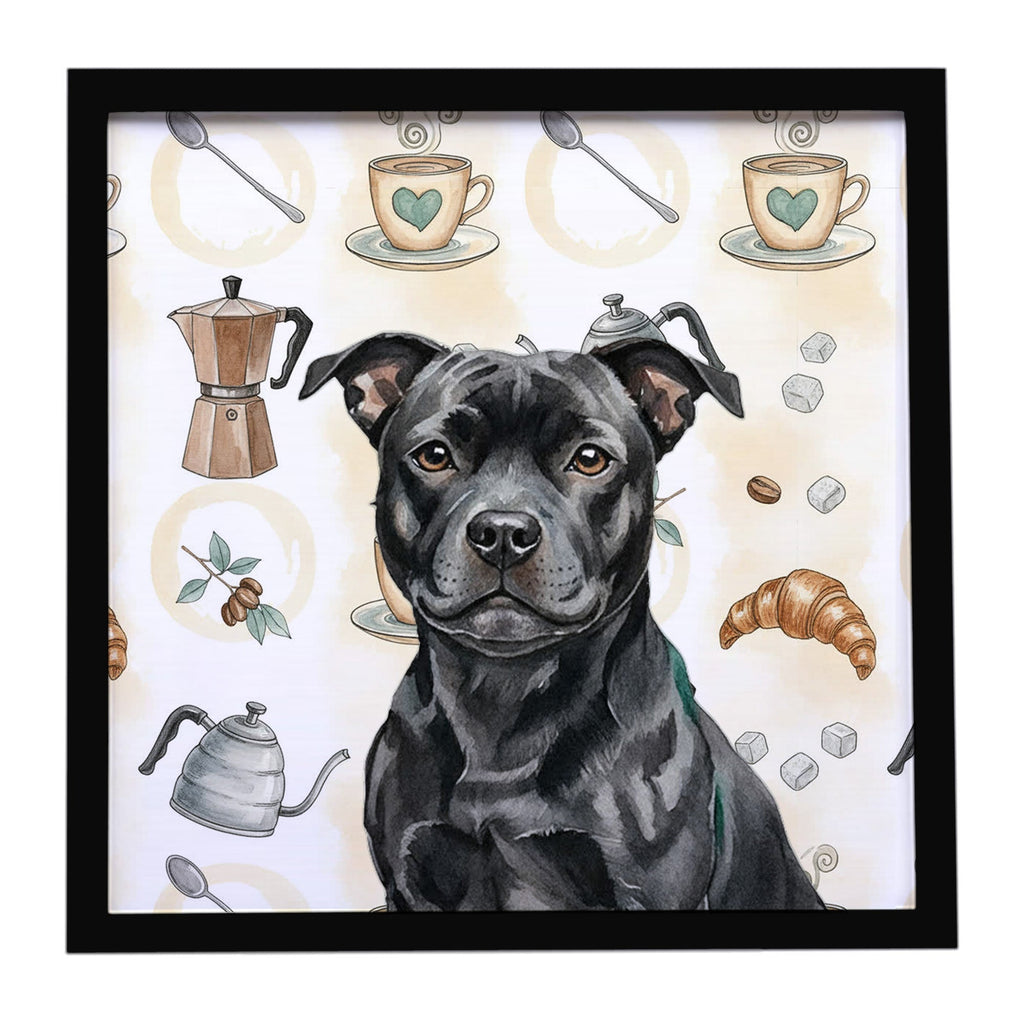 Black Staffordshire Bull Terrier Coffee Bar Framed Metal Print Bathroom, Kitchen, Office, Home Decor Wall Art Ready to Hang, Square, 8X8