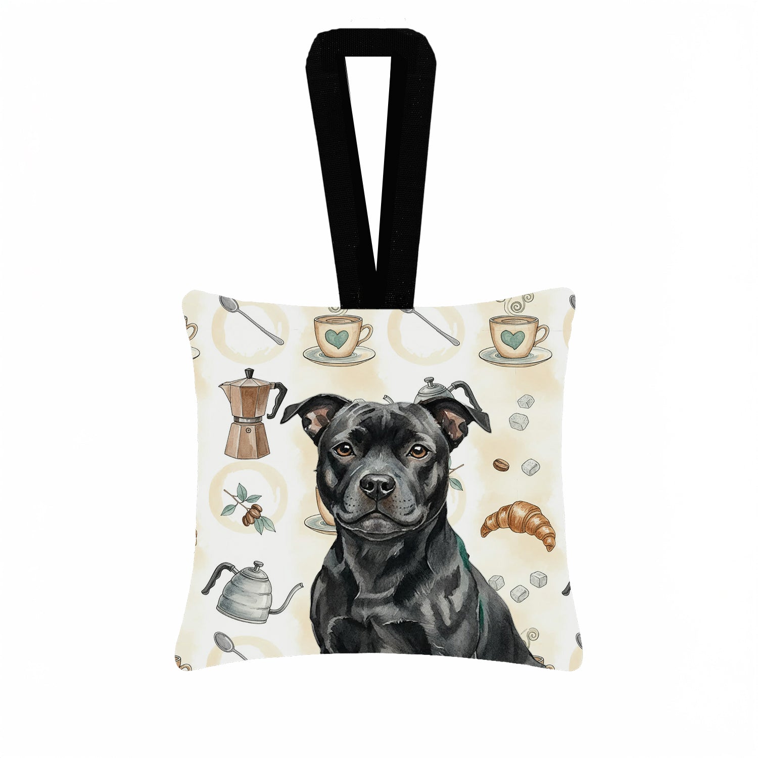 Black Staffordshire Bull Terrier Coffee Bar Hanging Square Fabric Ornament 3.5 � 3.5 Decorative Door-Knob & Tree Hanger, Soft Fabric