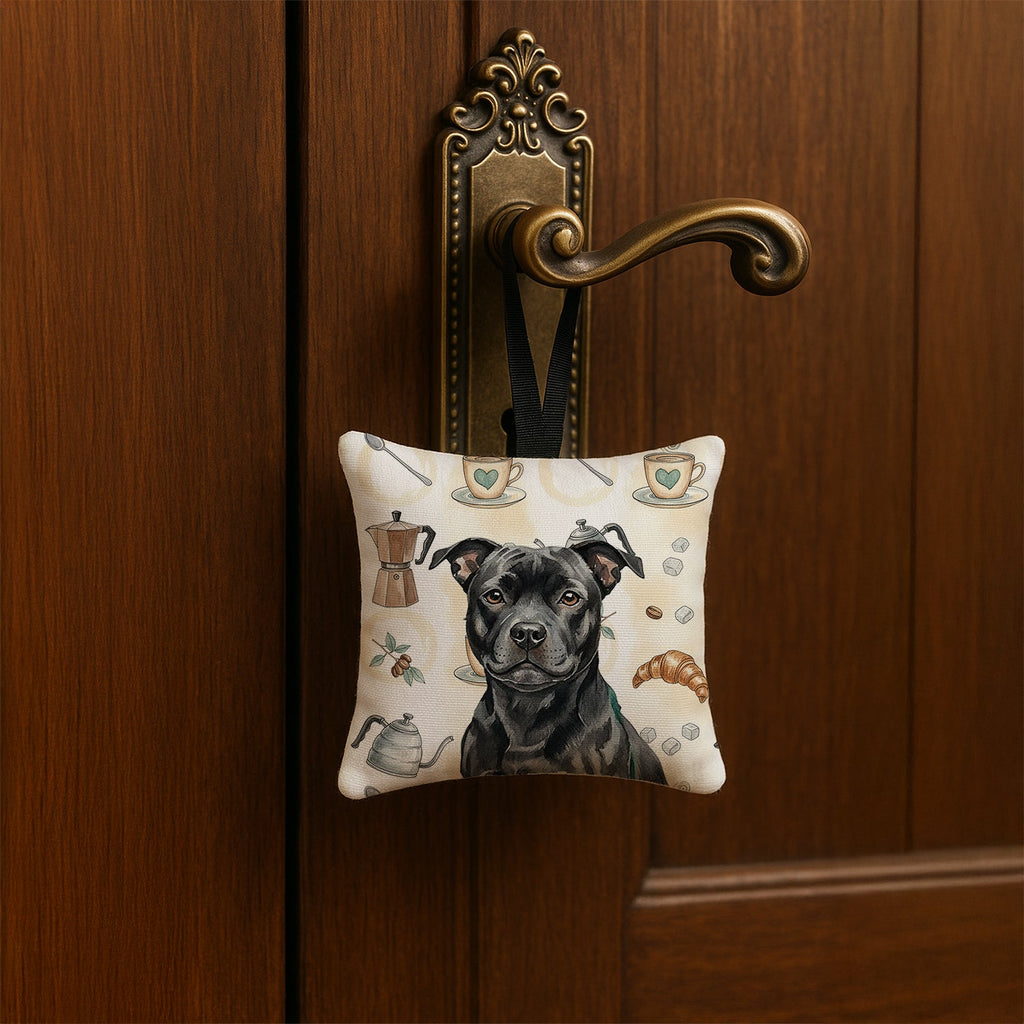 Black Staffordshire Bull Terrier Coffee Bar Hanging Square Fabric Ornament 3.5 � 3.5 Decorative Door-Knob & Tree Hanger, Soft Fabric
