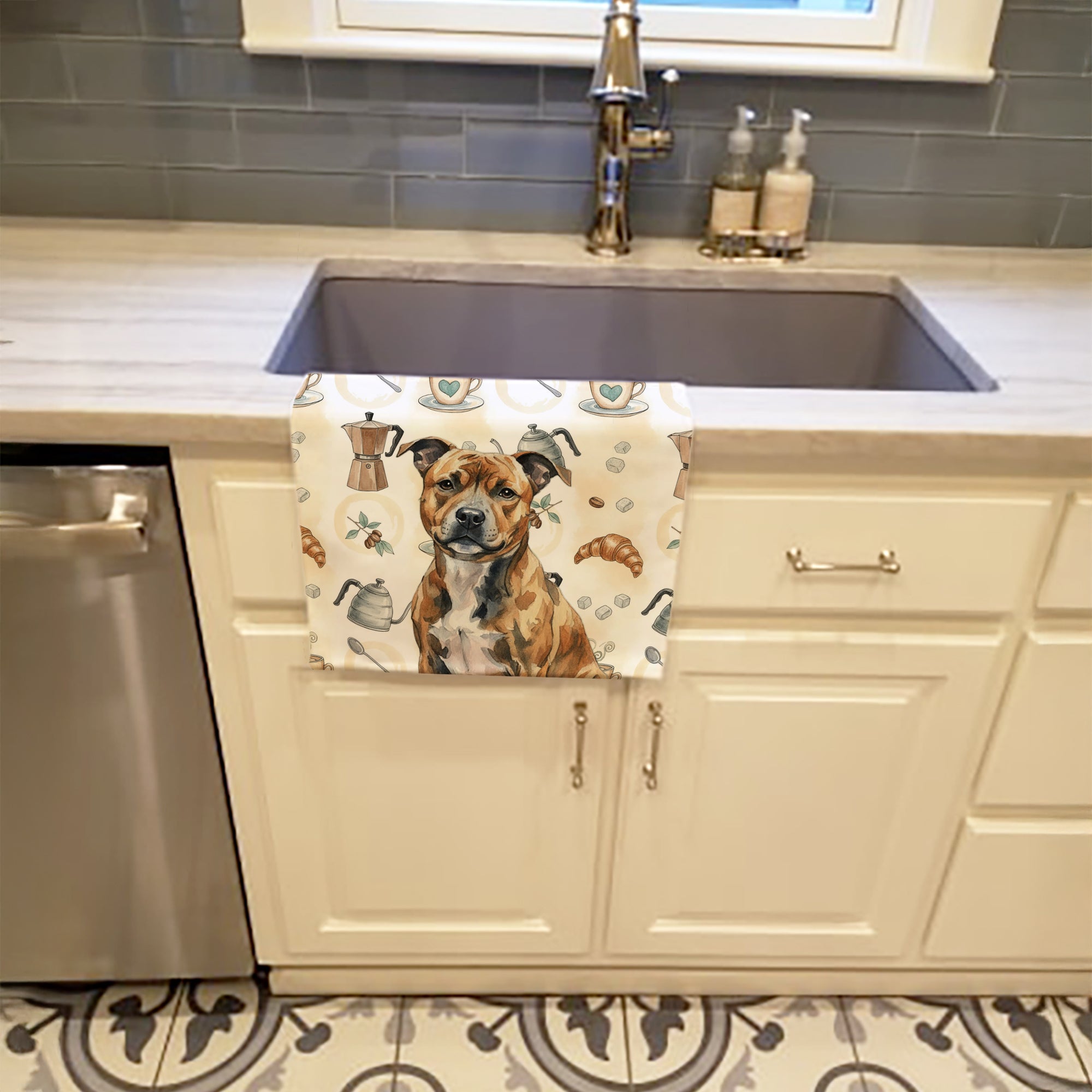 Brindle Staffordshire Bull Terrier Coffee Bar Kitchen Towel Velour Plush Front and Cotton Loop Back Machine Washable