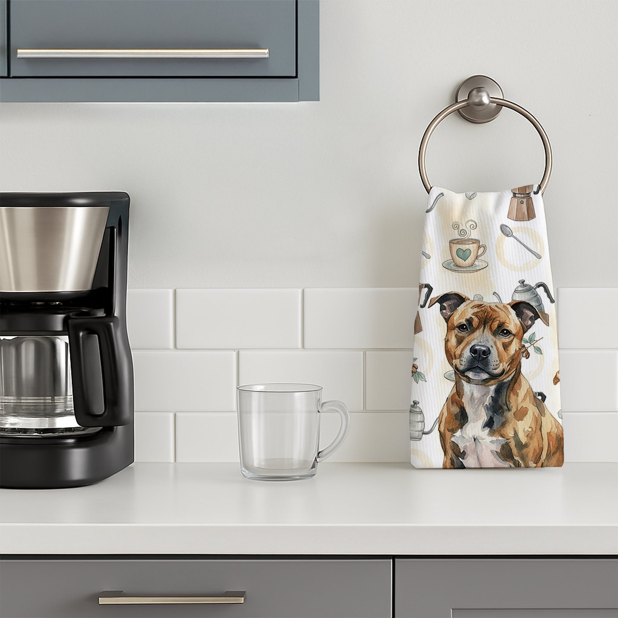 Brindle Staffordshire Bull Terrier Coffee Bar Kitchen Towel Velour Plush Front and Cotton Loop Back Machine Washable