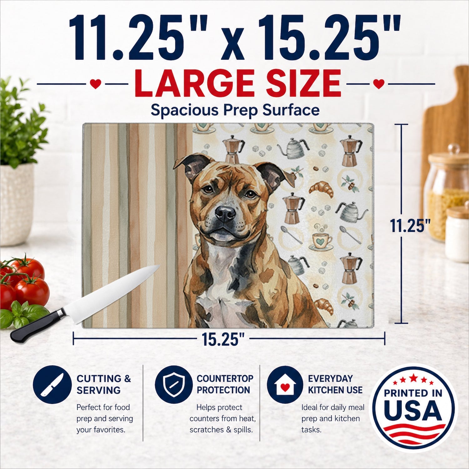 Brindle Staffordshire Bull Terrier Coffee Bar Cutting Board Tempered Glass Kitchen Cutting Surface, Heat Resistant Chopping, Non-Slip Feet, Food Prep & Serving