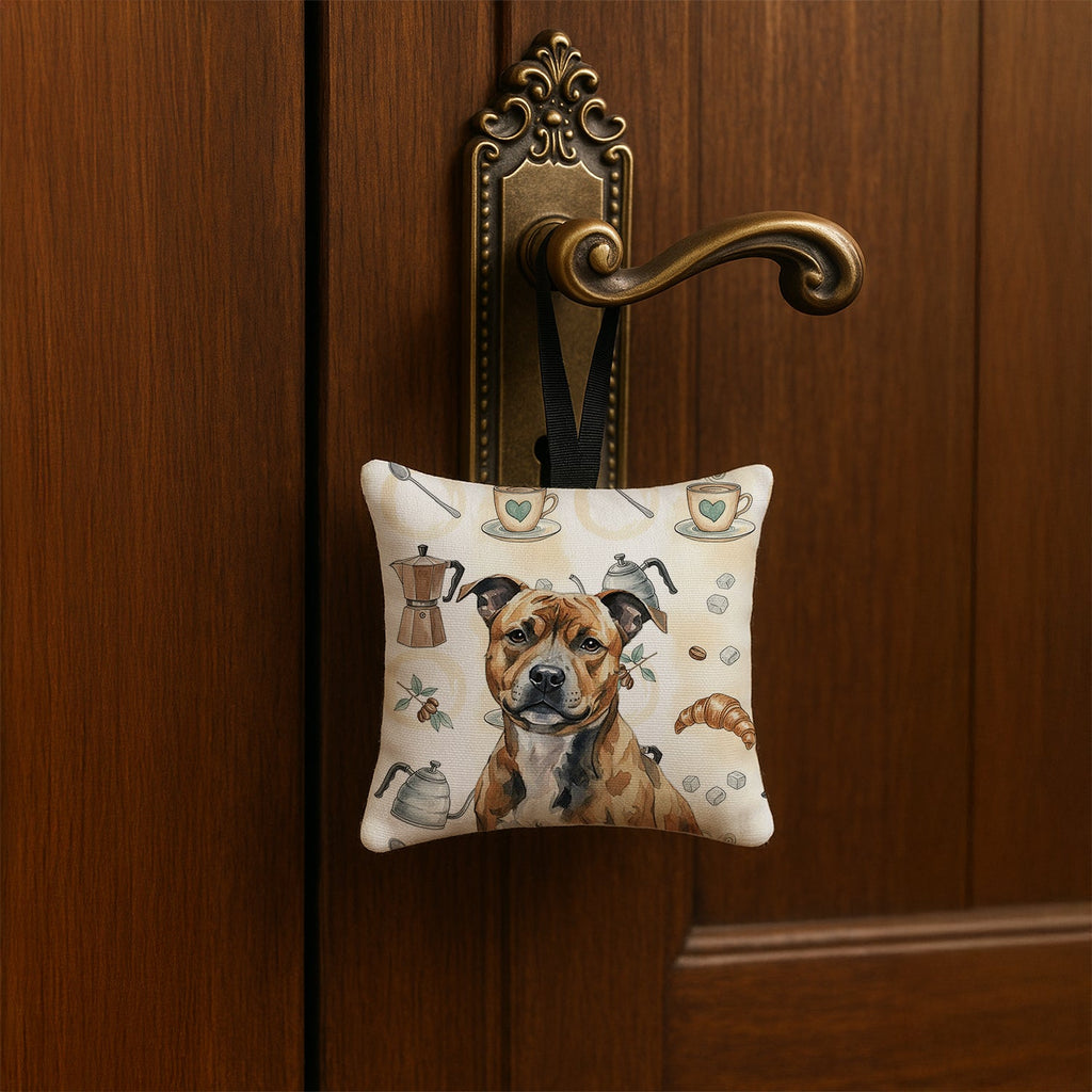 Brindle Staffordshire Bull Terrier Coffee Bar Hanging Square Fabric Ornament 3.5 � 3.5 Decorative Door-Knob & Tree Hanger, Soft Fabric