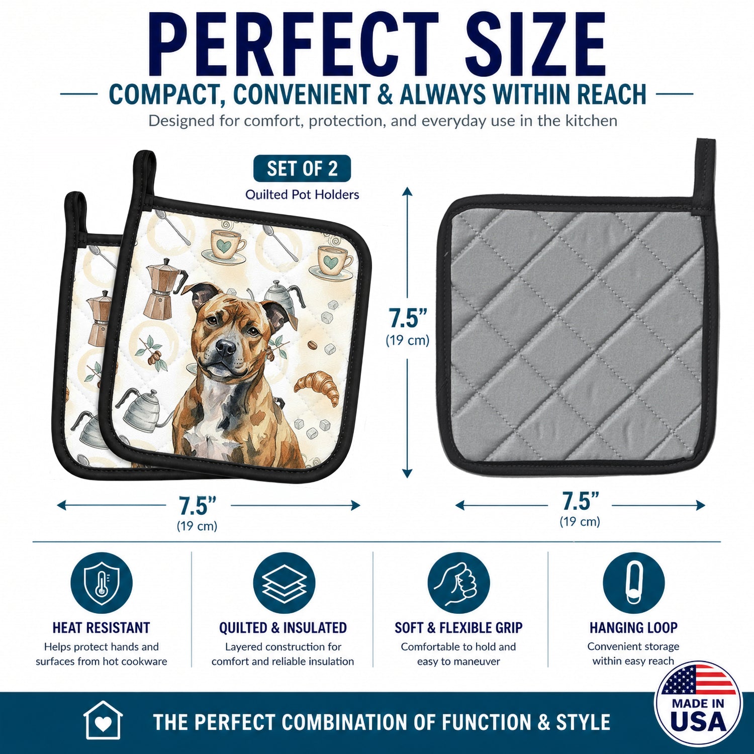 Brindle Staffordshire Bull Terrier Coffee Bar Pot Holder Set of 2 Heat Resistant Quilted Hot Pads 7.5 x 7.5 Inch, Insulated Kitchen Trivets for Cooking & Baking