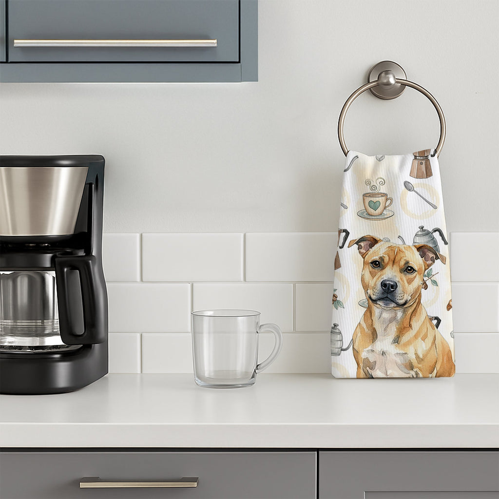 Fawn Staffordshire Bull Terrier Coffee Bar Kitchen Towel Velour Plush Front and Cotton Loop Back Machine Washable